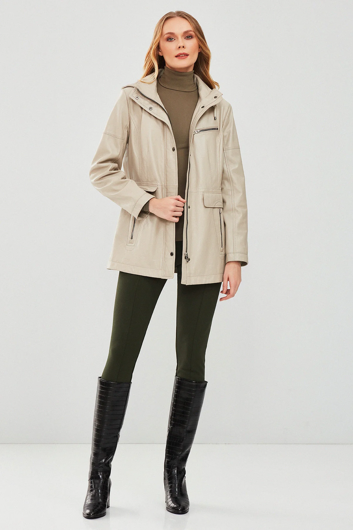 Agatha Kadın Bej Kapüşonlu Uzun Deri Kaban - Image 6