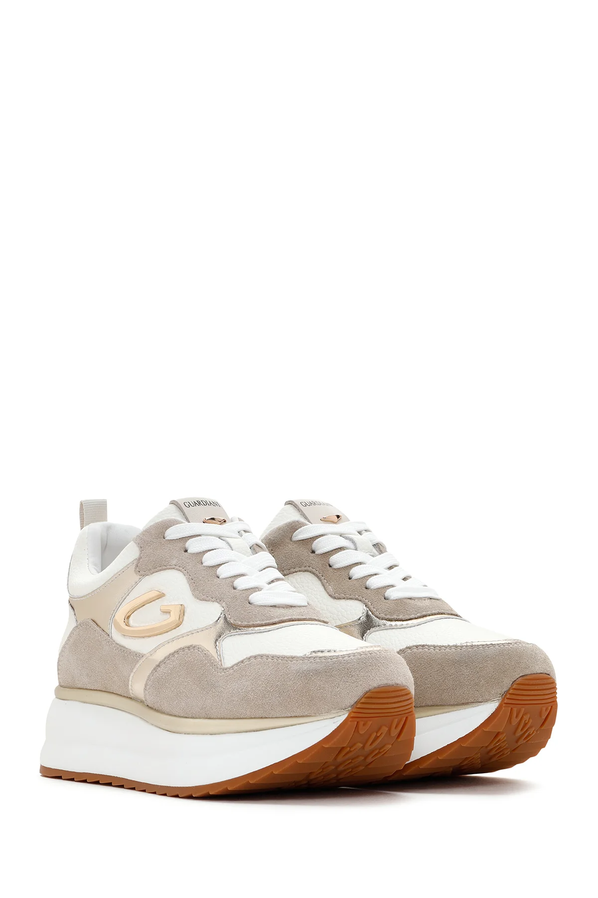 Alberto Guardiani Kadın Bej Altın Louise Kalın Tabanlı Deri Sneaker - Image 3