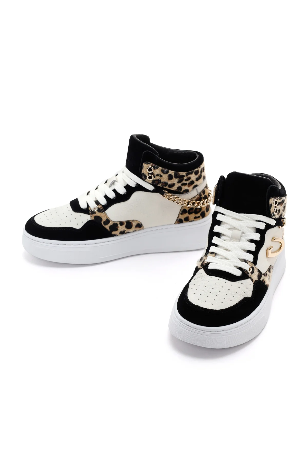 Alberto Guardiani Kadın Siyah Beyaz Leopar Deri Kalın Tabanlı Bilekli Sneaker - Image 3