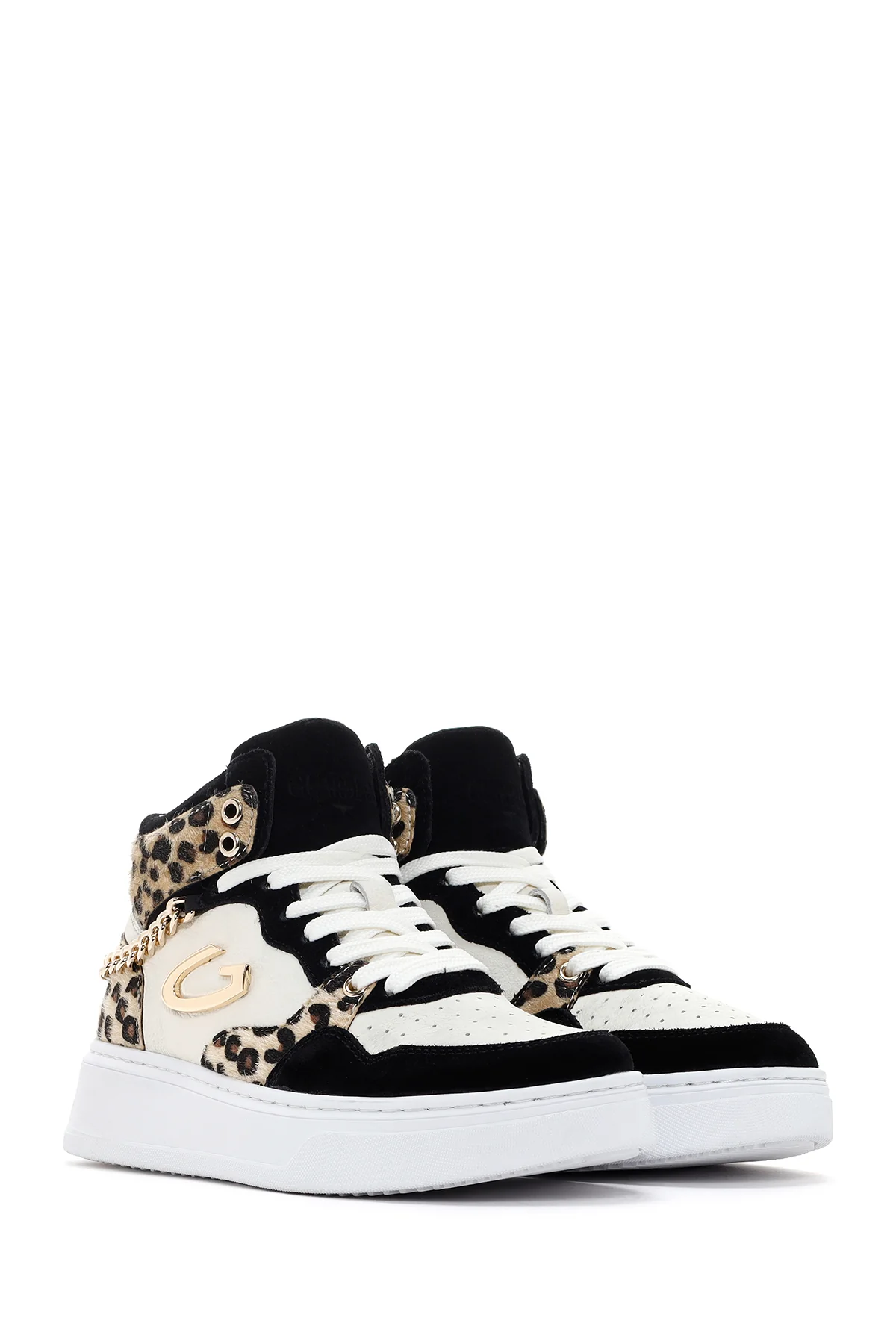 Alberto Guardiani Kadın Siyah Beyaz Leopar Deri Kalın Tabanlı Bilekli Sneaker - Image 4