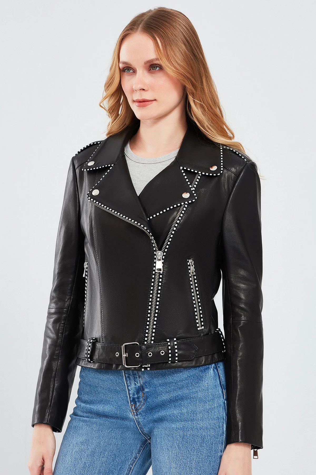 Angel Kadın Siyah Biker Deri Ceket - Image 2