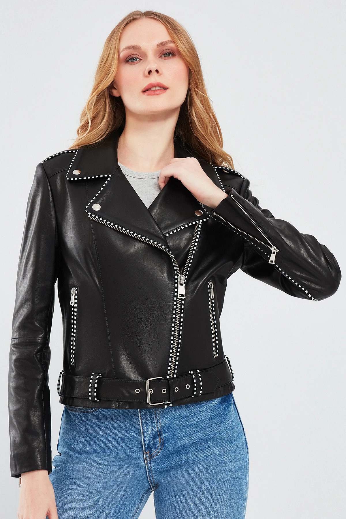 Angel Kadın Siyah Biker Deri Ceket - Image 3