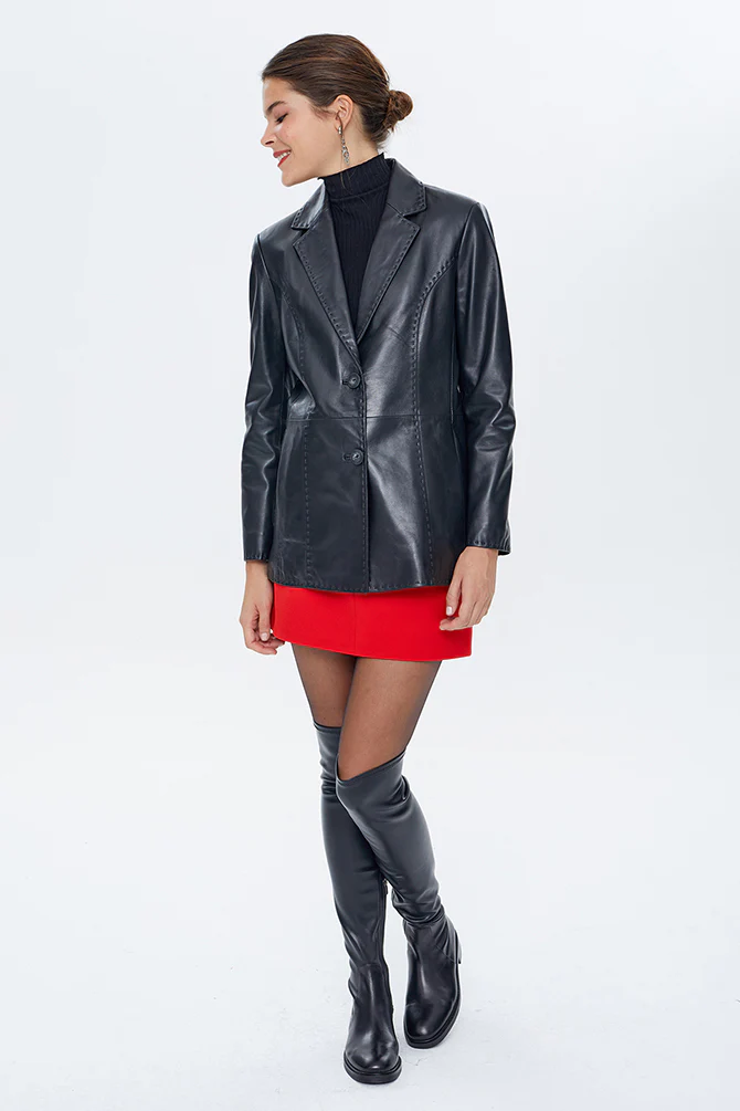 Barbara Kadın Siyah Blazer Deri Ceket - Image 3