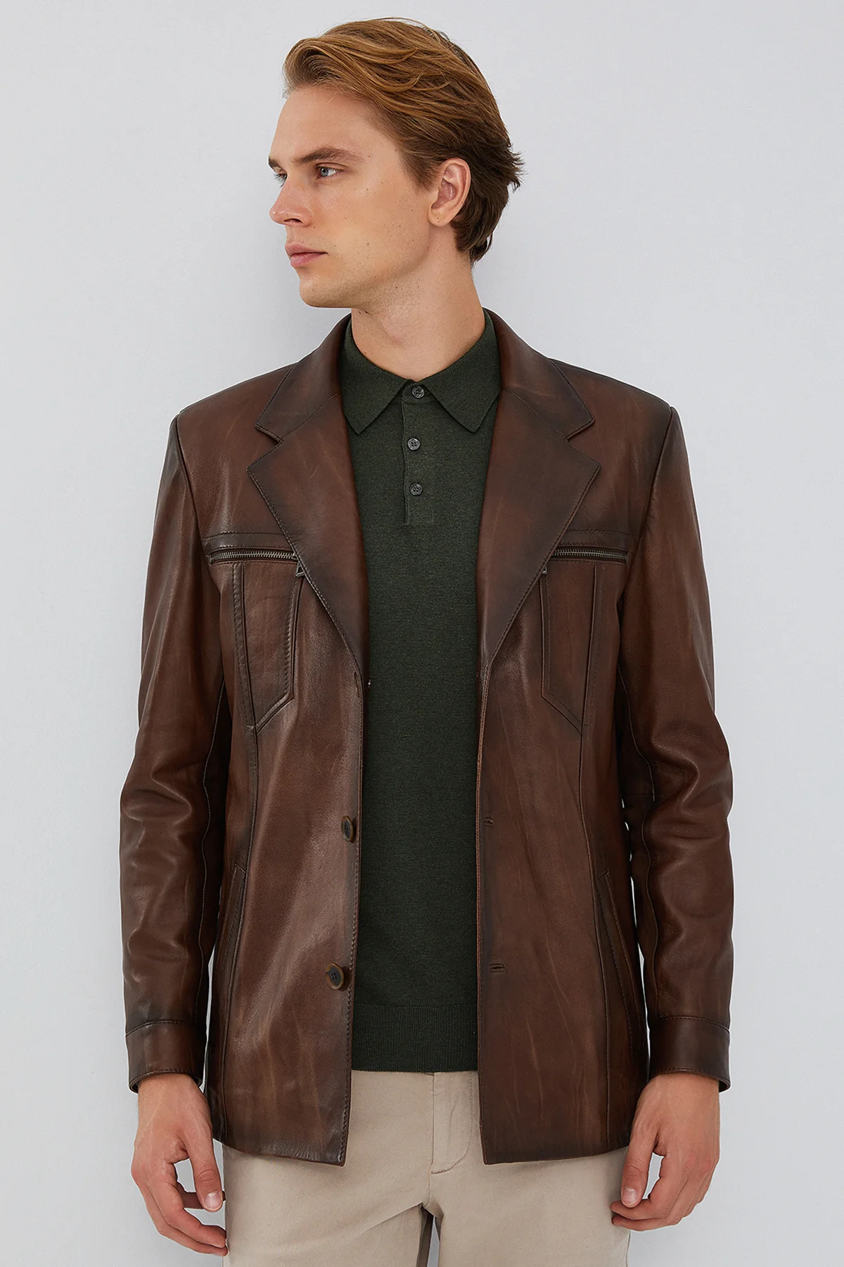 Bernard Erkek Kahverengi Blazer Deri Ceket - Image 2