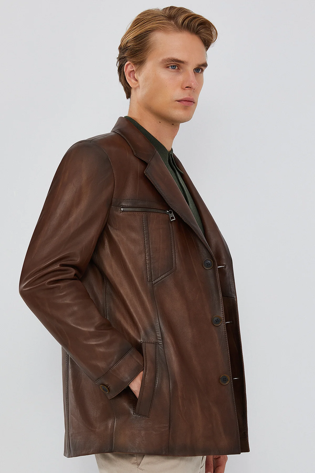 Bernard Erkek Kahverengi Blazer Deri Ceket - Image 3
