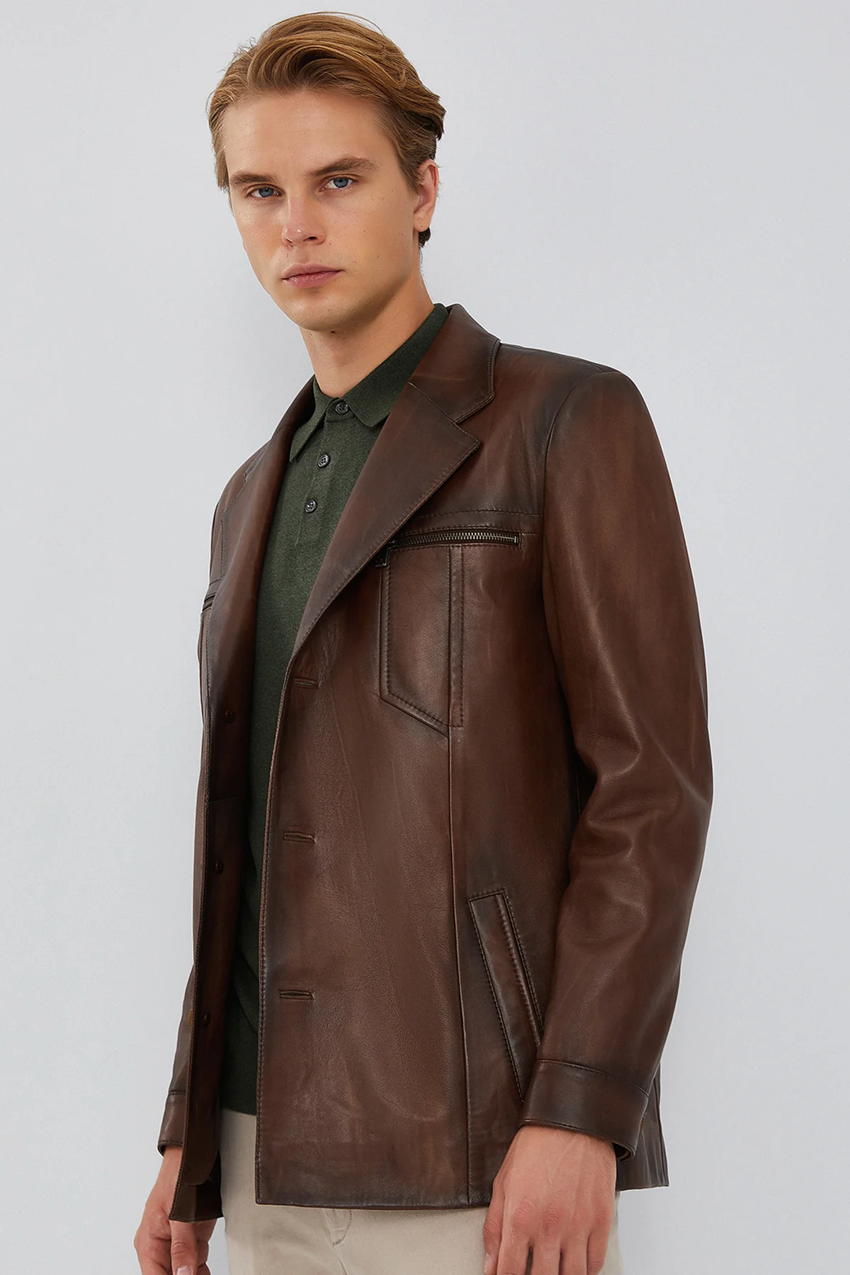 Bernard Erkek Kahverengi Blazer Deri Ceket - Image 5