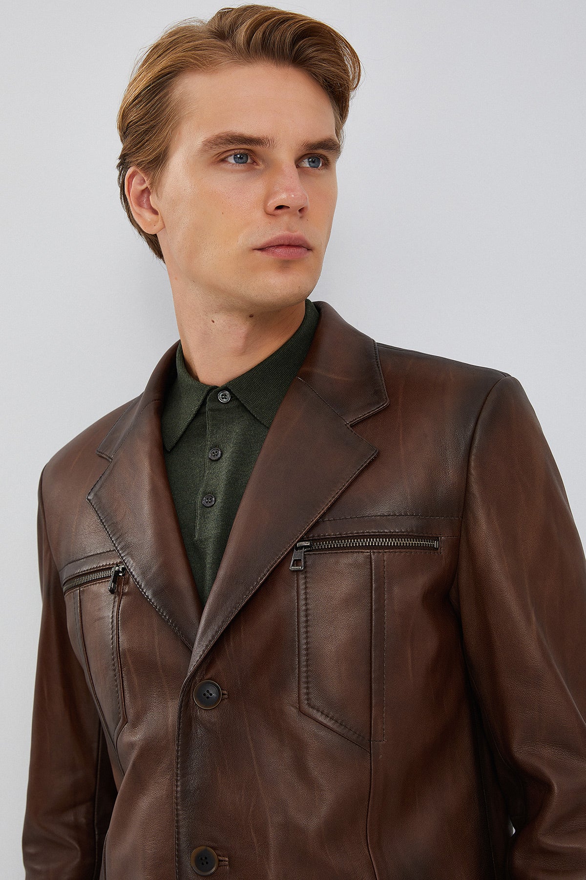 Bernard Erkek Kahverengi Blazer Deri Ceket - Image 9