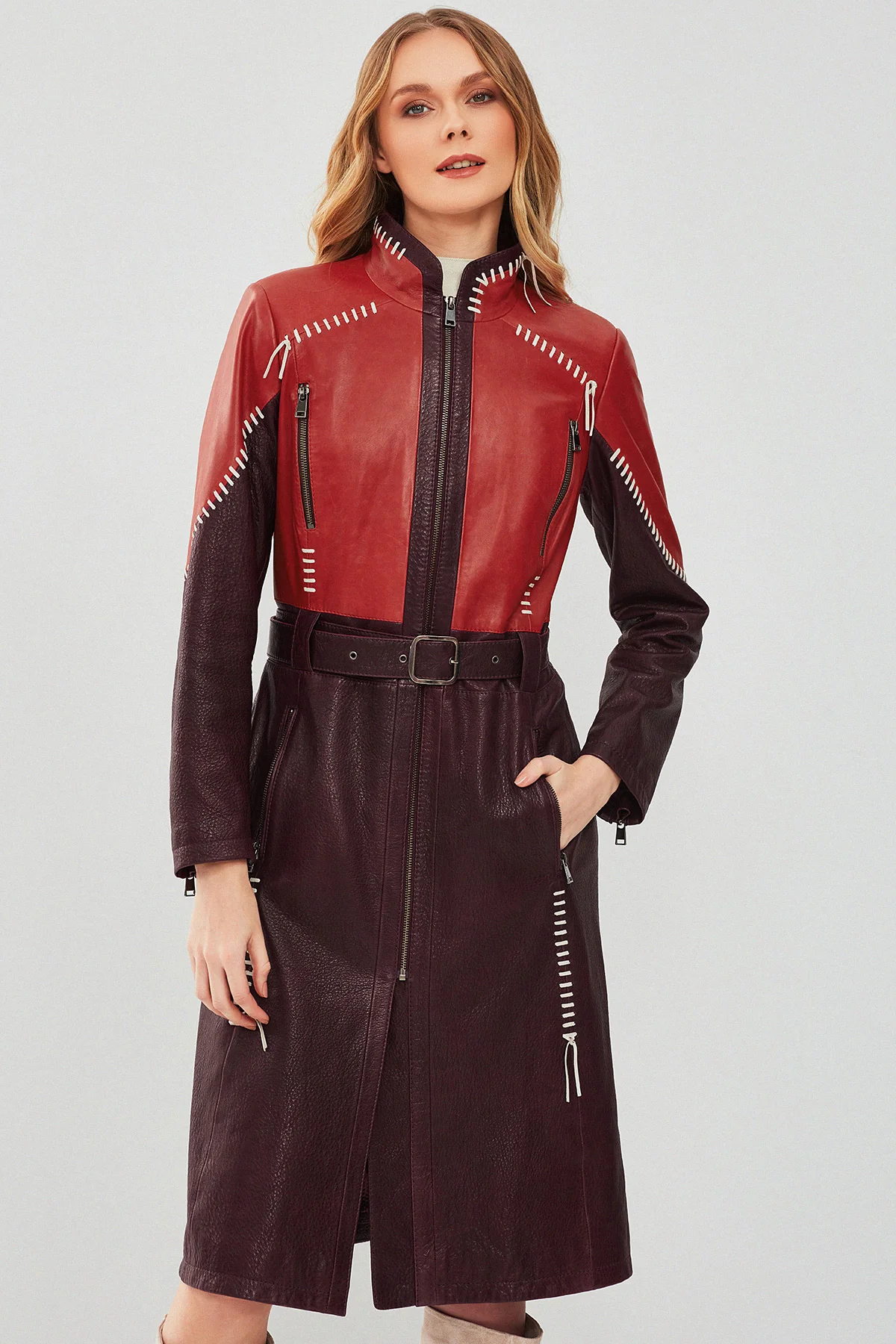 Carmen Kadın Bordo Deri Trençkot - Image 2