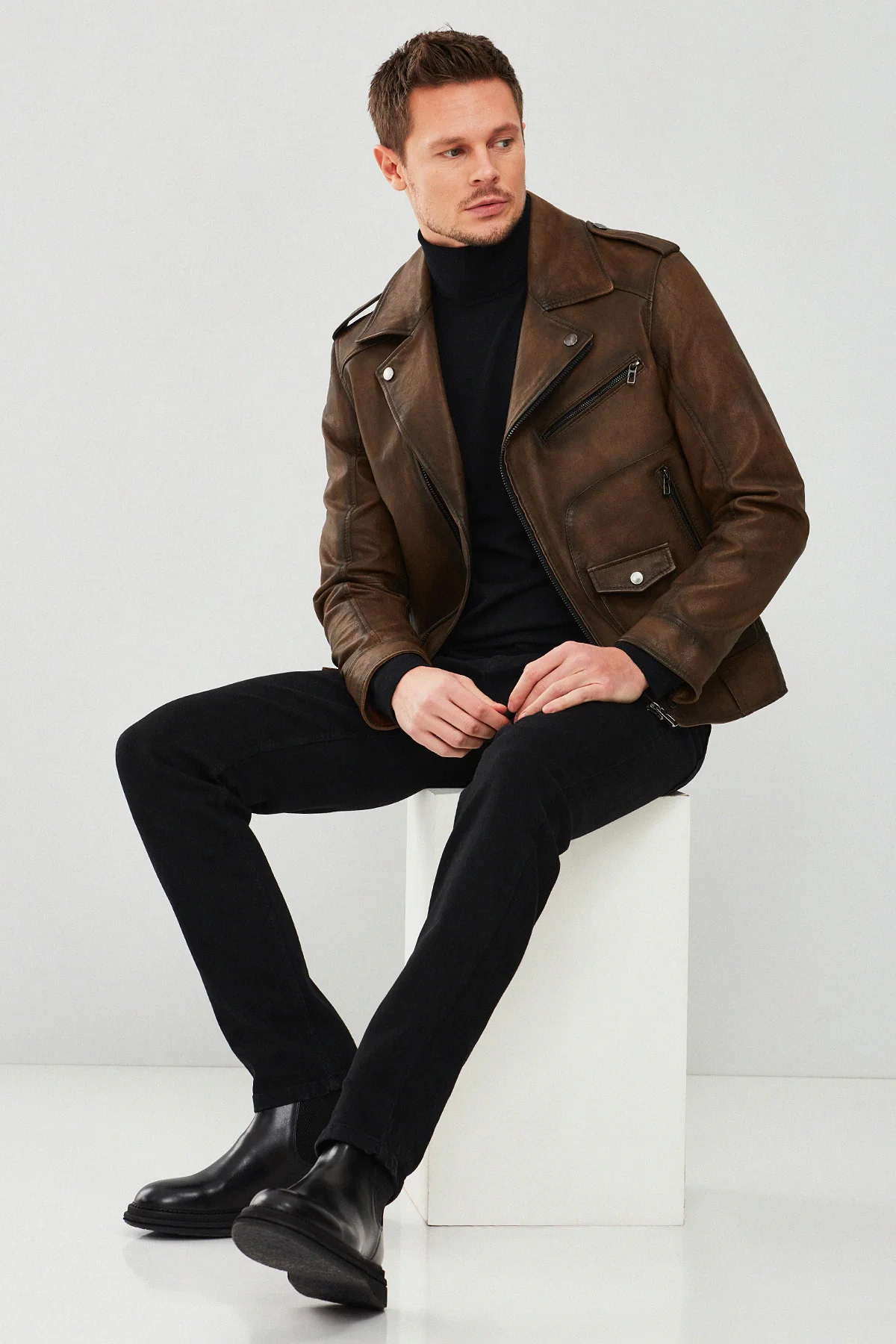 Carter Erkek Kahverengi Biker Deri Mont - Image 10