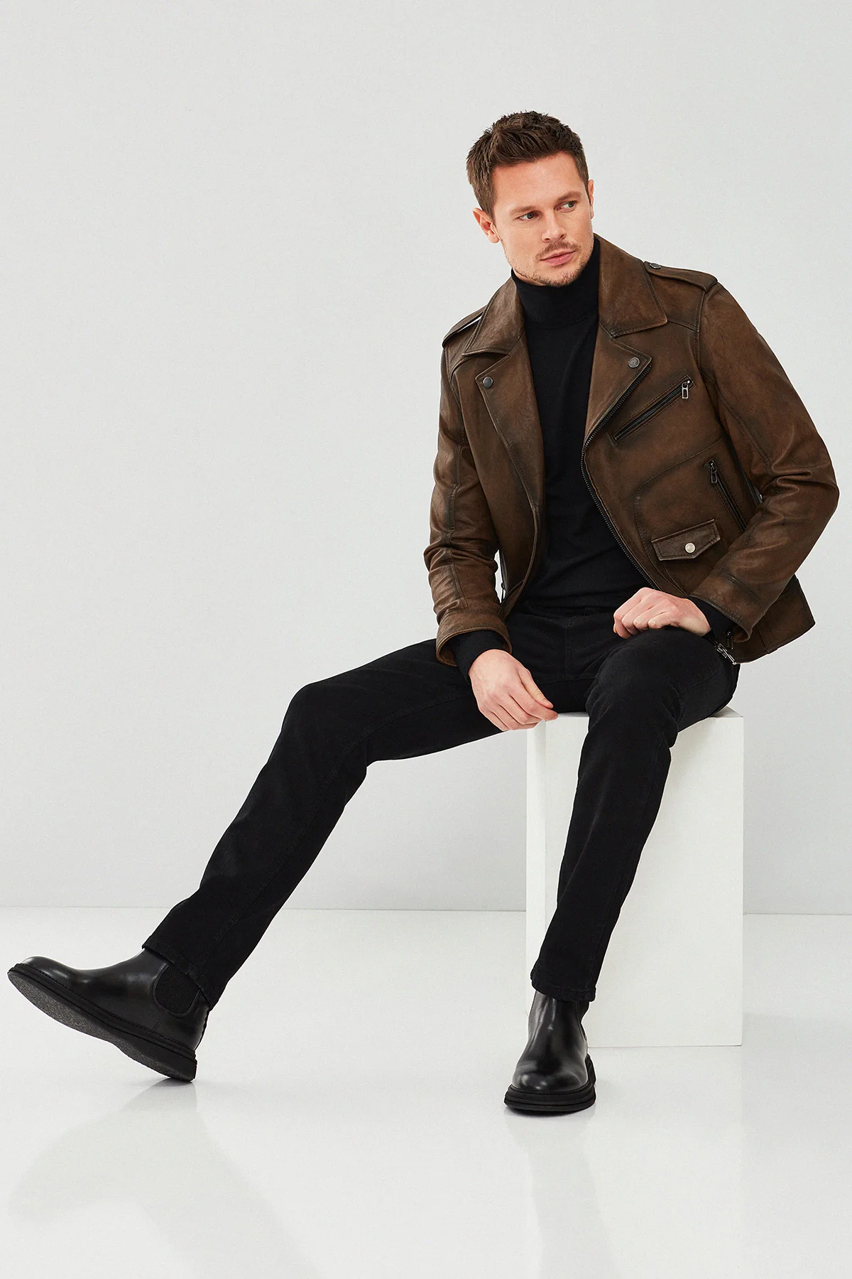 Carter Erkek Kahverengi Biker Deri Mont - Image 6