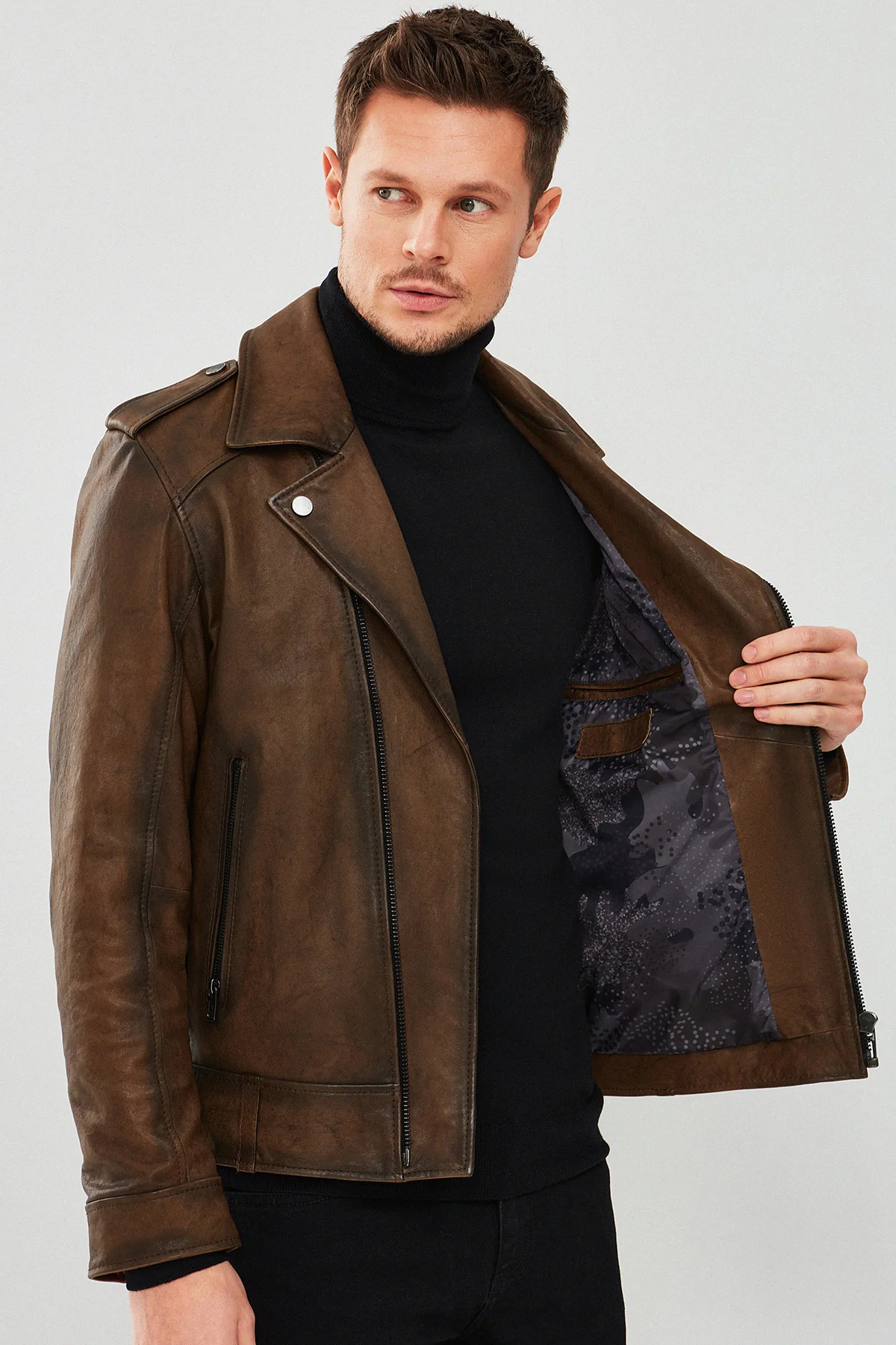Carter Erkek Kahverengi Biker Deri Mont - Image 9