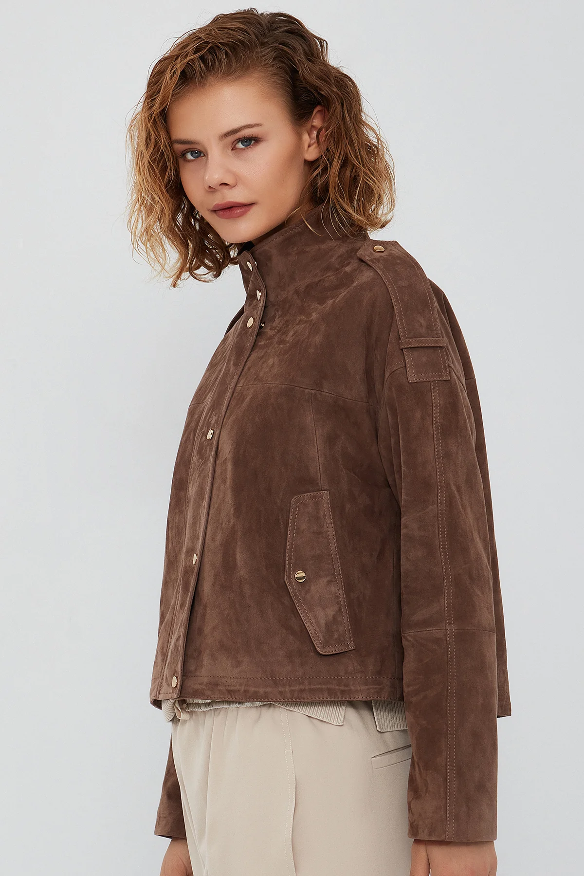 Cassy Kadın Vizon Oversize Süet Deri Ceket - Image 5