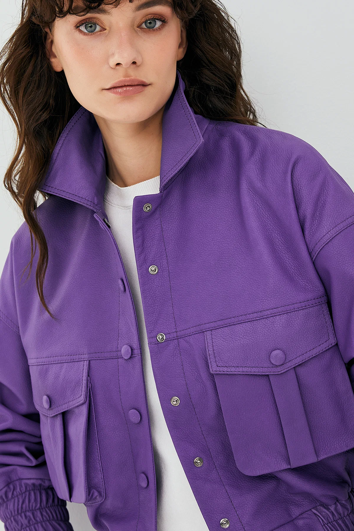 Chloe Kadın Mor Oversize Deri Ceket - Image 4