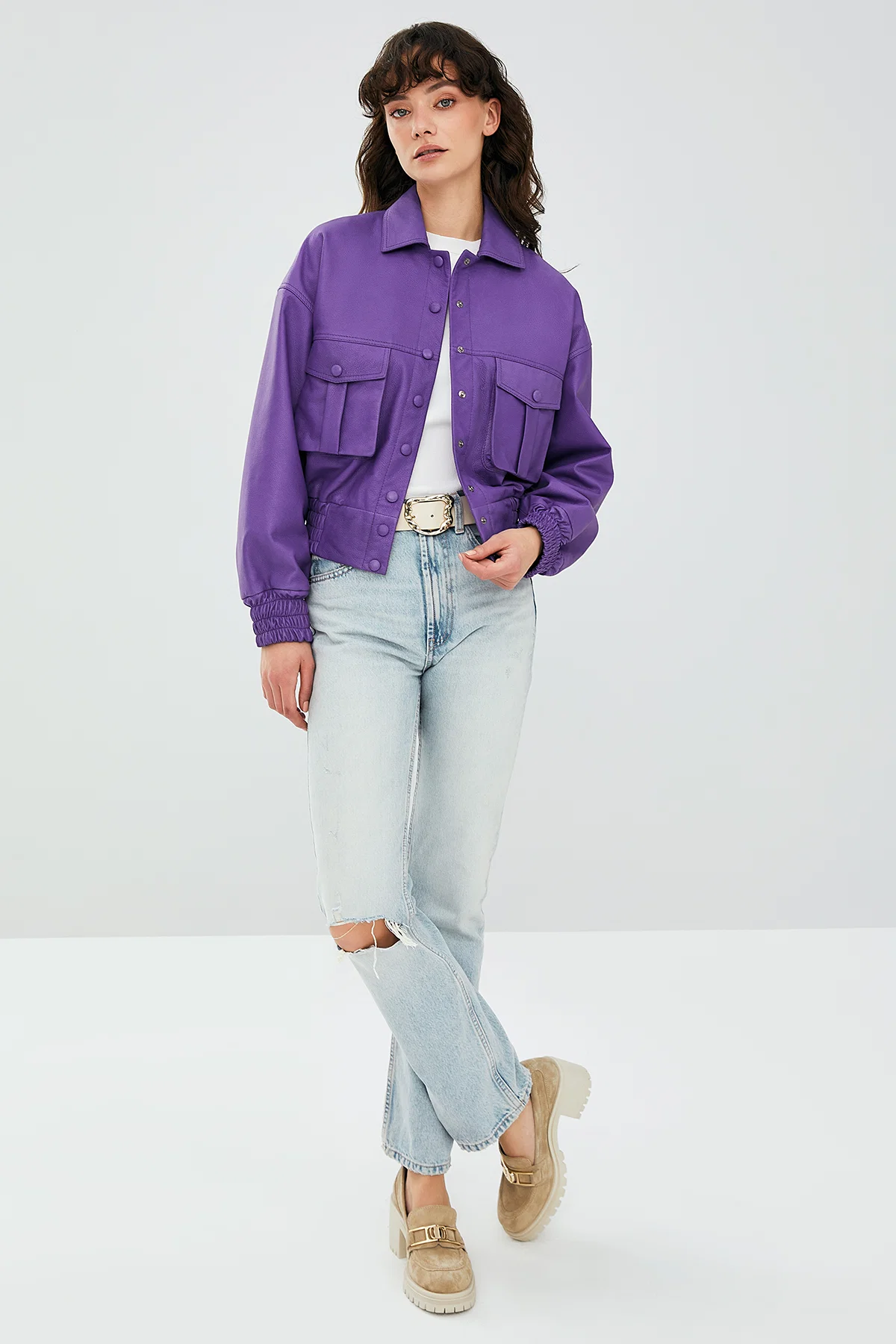 Chloe Kadın Mor Oversize Deri Ceket - Image 5
