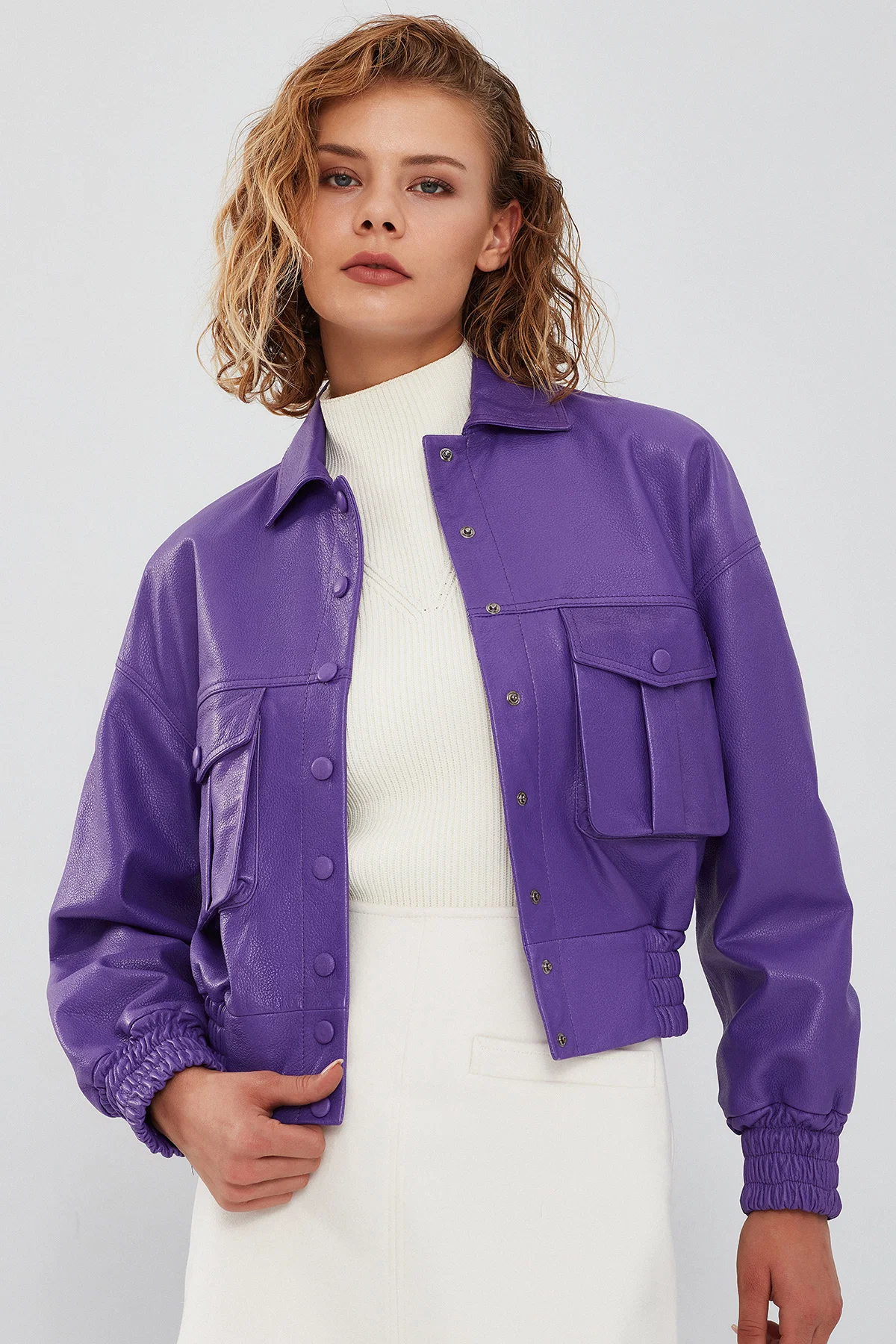 Chloe Kadın Mor Oversize Deri Ceket - Image 7