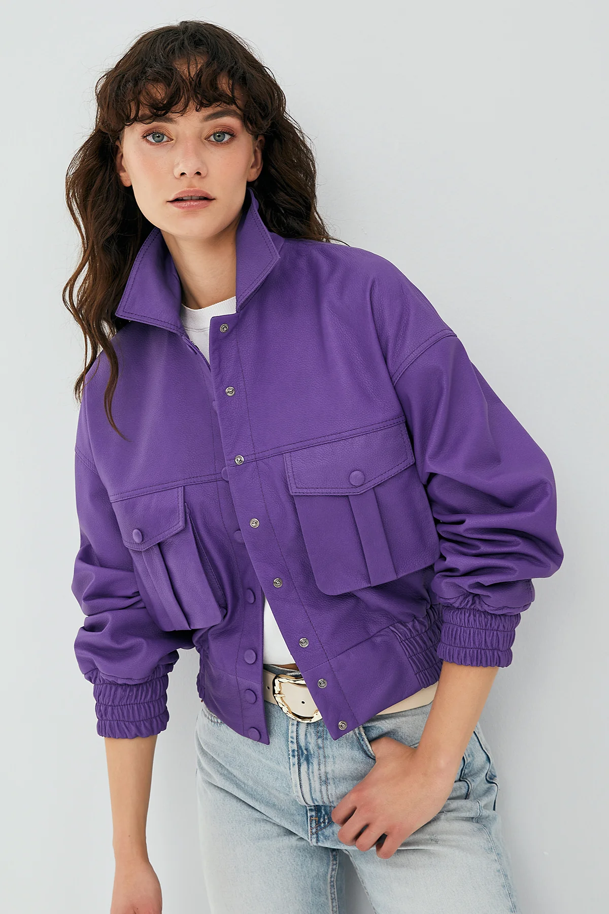 Chloe Kadın Mor Oversize Kısa Deri Mont - Image 7