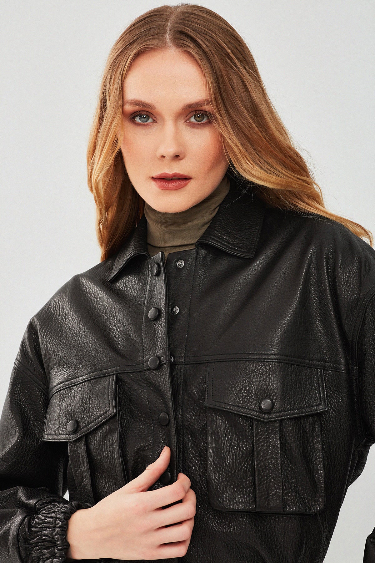 Chloe Kadın Siyah Oversize Deri Ceket - Image 6