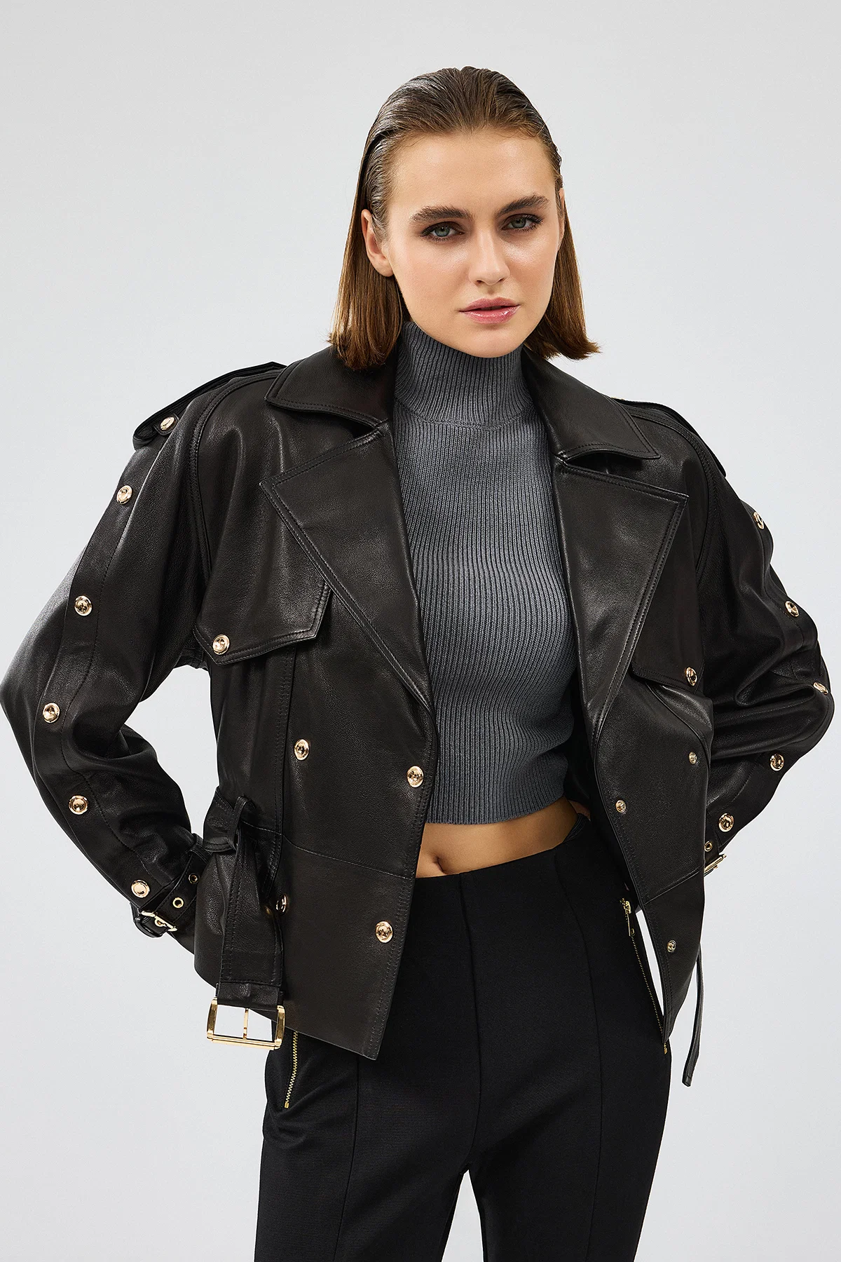 Crystal Kadın Siyah Biker Deri Ceket - Image 3
