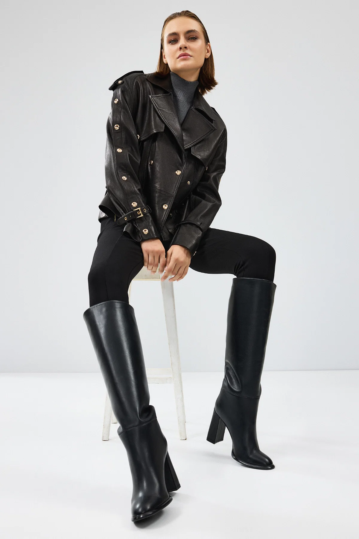 Crystal Kadın Siyah Biker Deri Ceket - Image 8