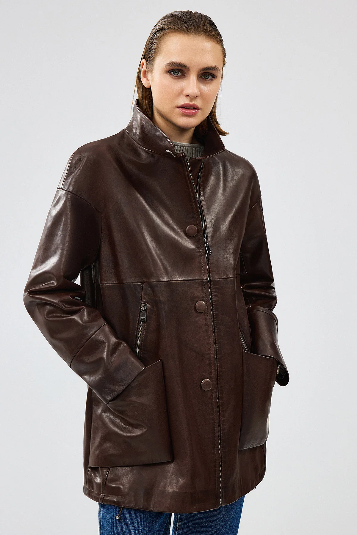 Dalida Kadın Kahverengi Oversize Deri Ceket - Image 3