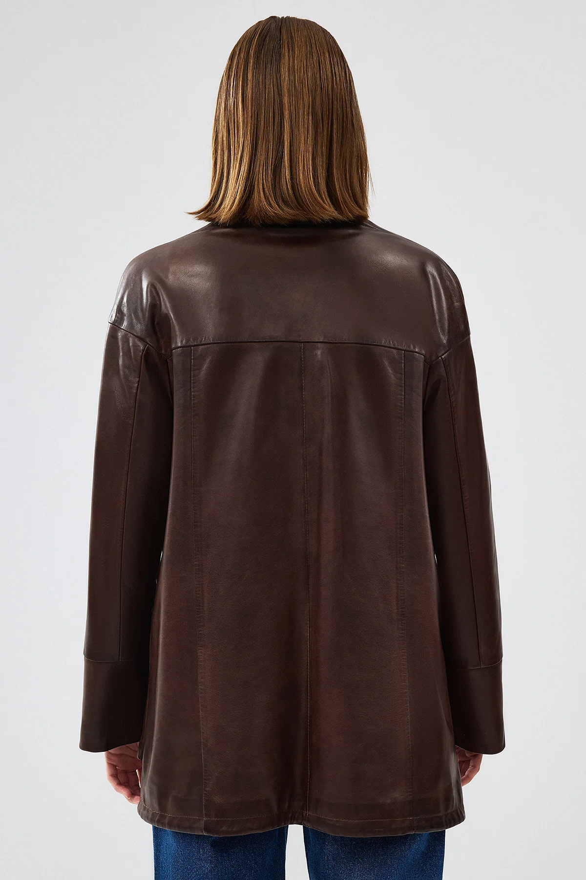 Dalida Kadın Kahverengi Oversize Deri Ceket - Image 4