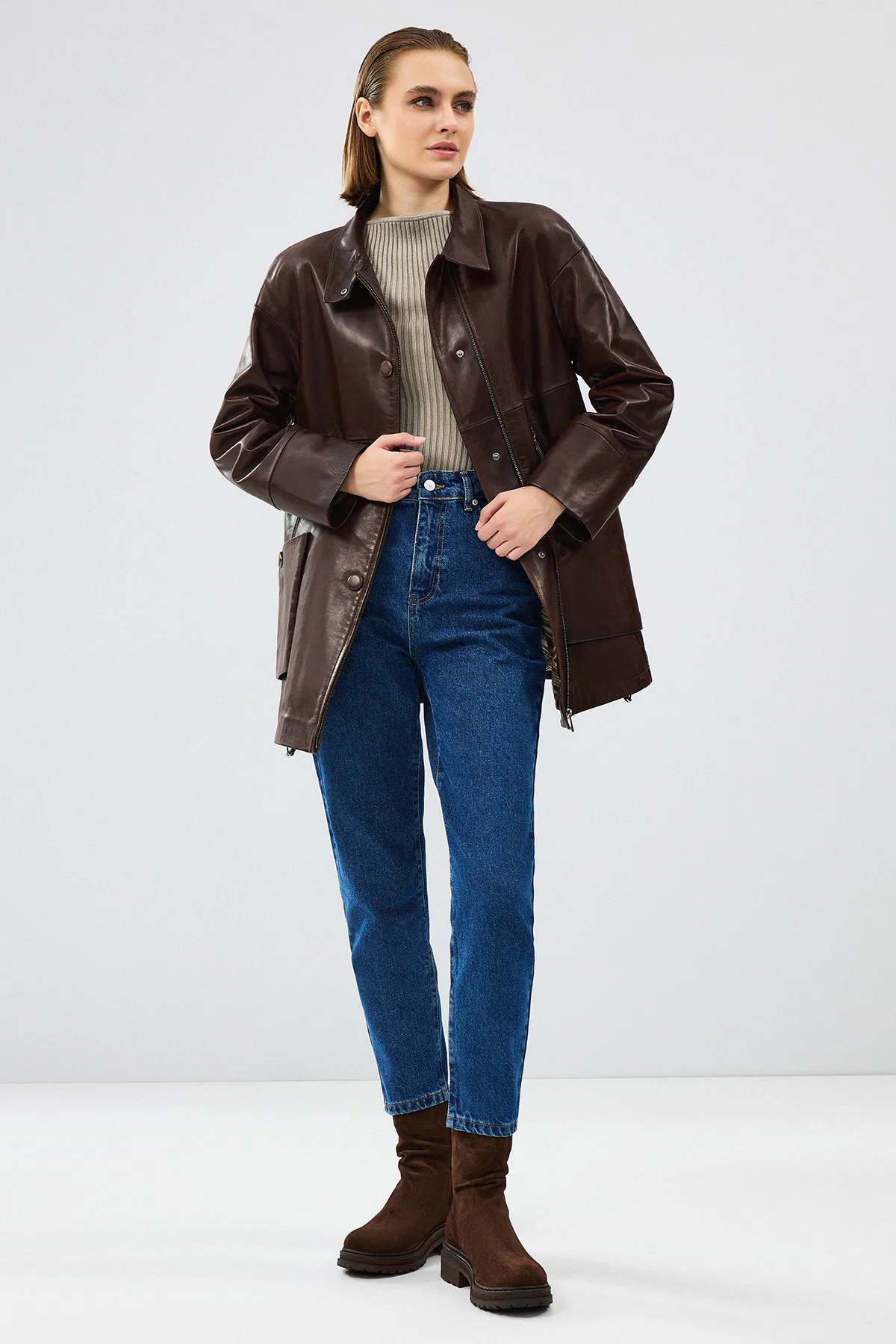 Dalida Kadın Kahverengi Oversize Deri Ceket - Image 5