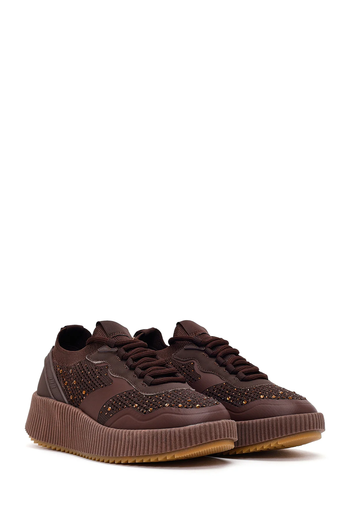 Derimod Zero Kadın Kahverengi Bağcıklı Kalın Tabanlı Taşlı Kumaş Sneaker - Image 2