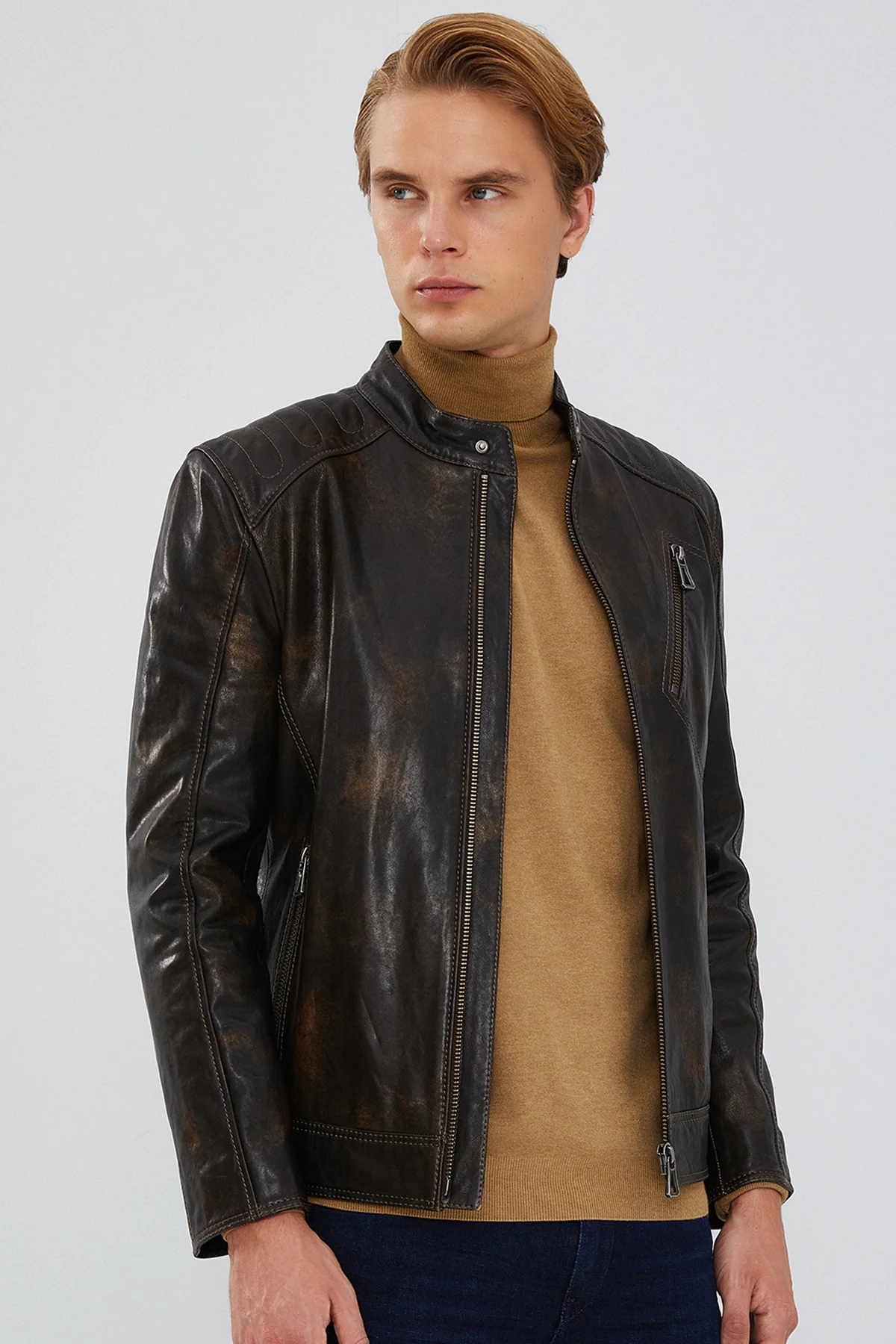 Durant Erkek Kahverengi Slim-Fit Vintage Deri Ceket - Image 2