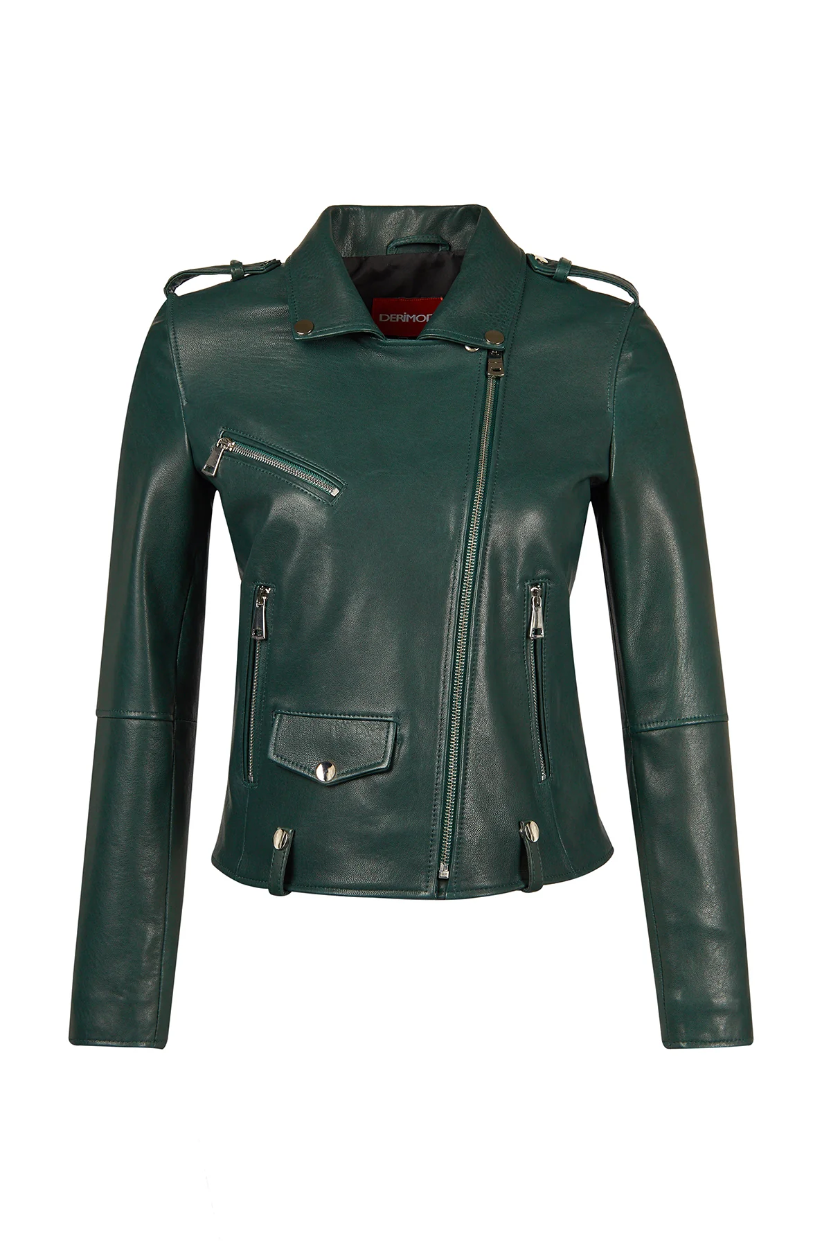 Egoist Kadın Yeşil Kısa Biker Deri Ceket - Image 3