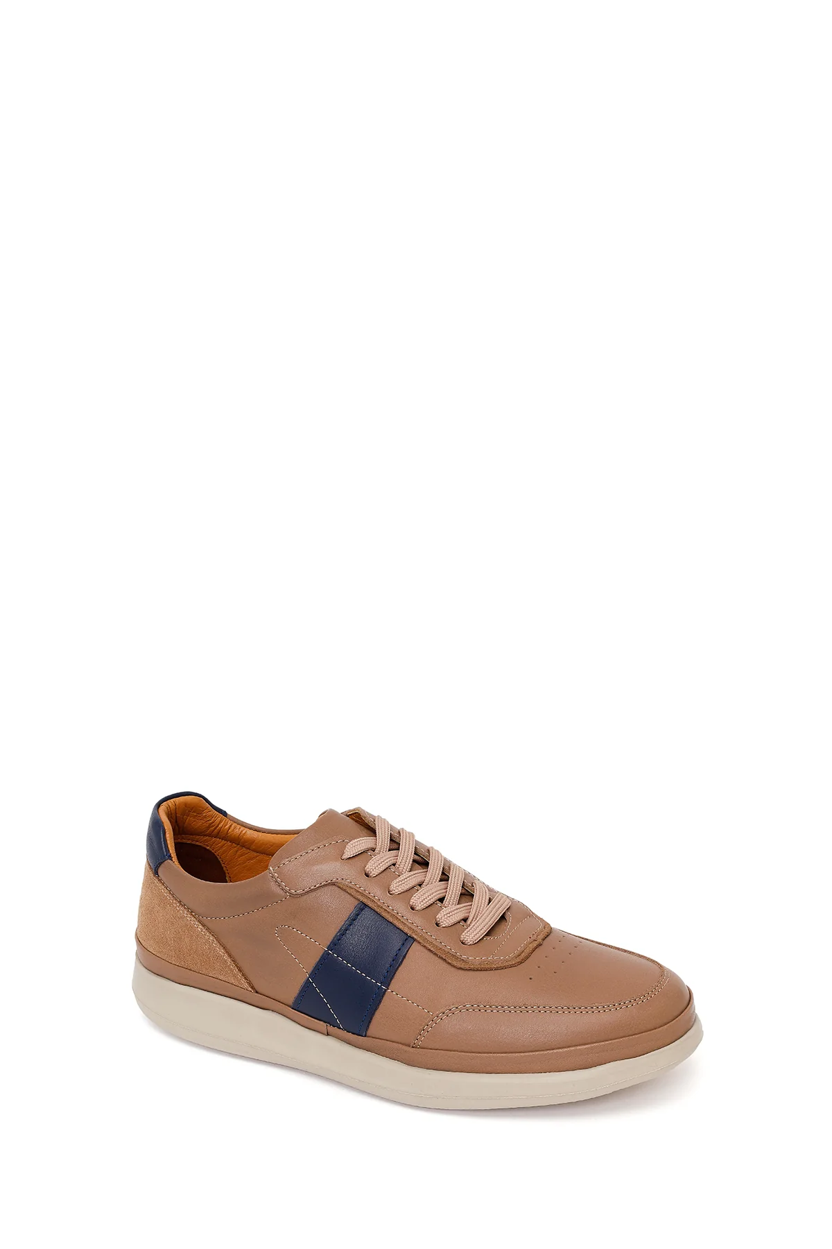 Erkek Bej Bağcıklı Deri Casual Sneaker - Image 7