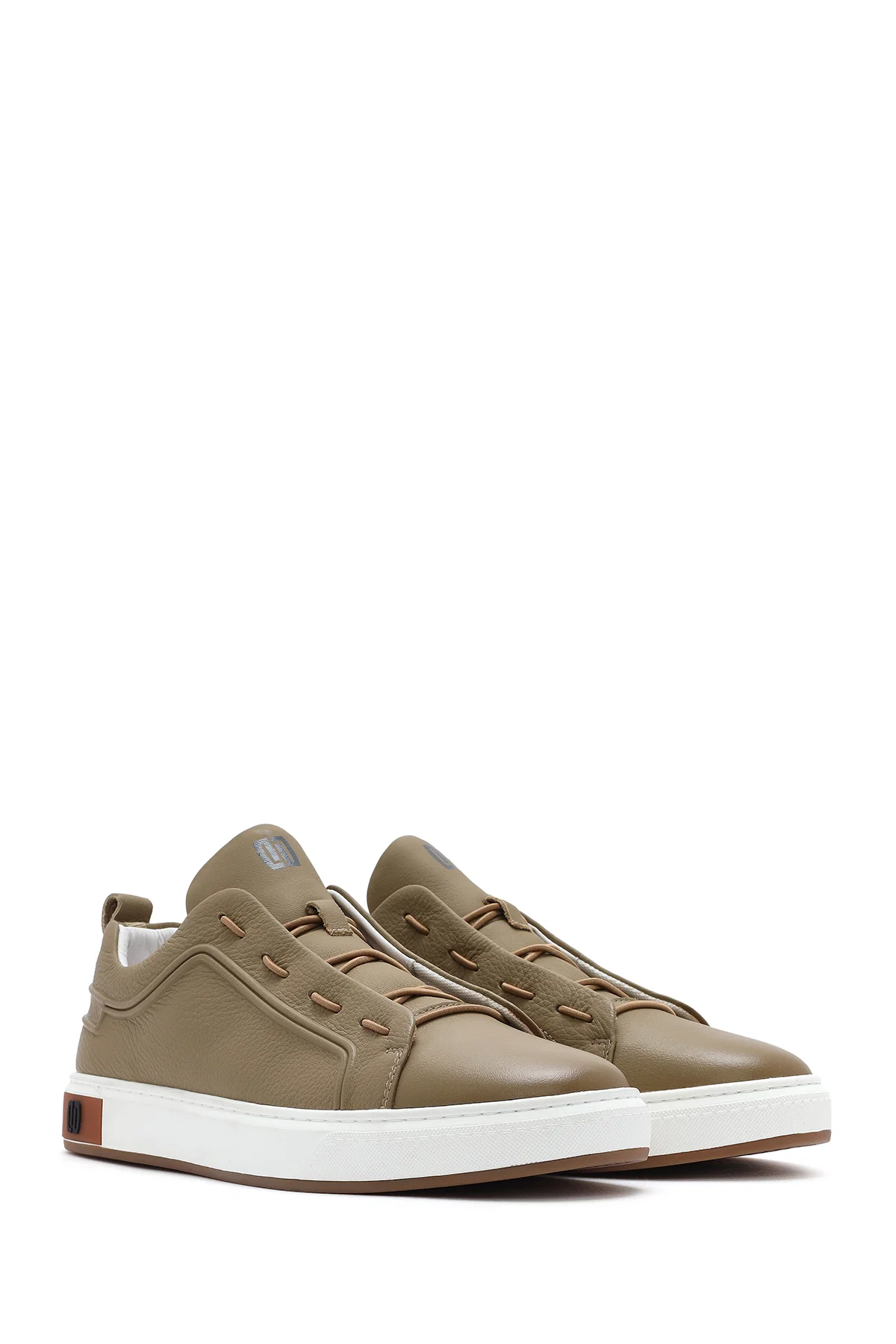 Erkek Bej Bağcıklı Deri Sneaker - Image 3