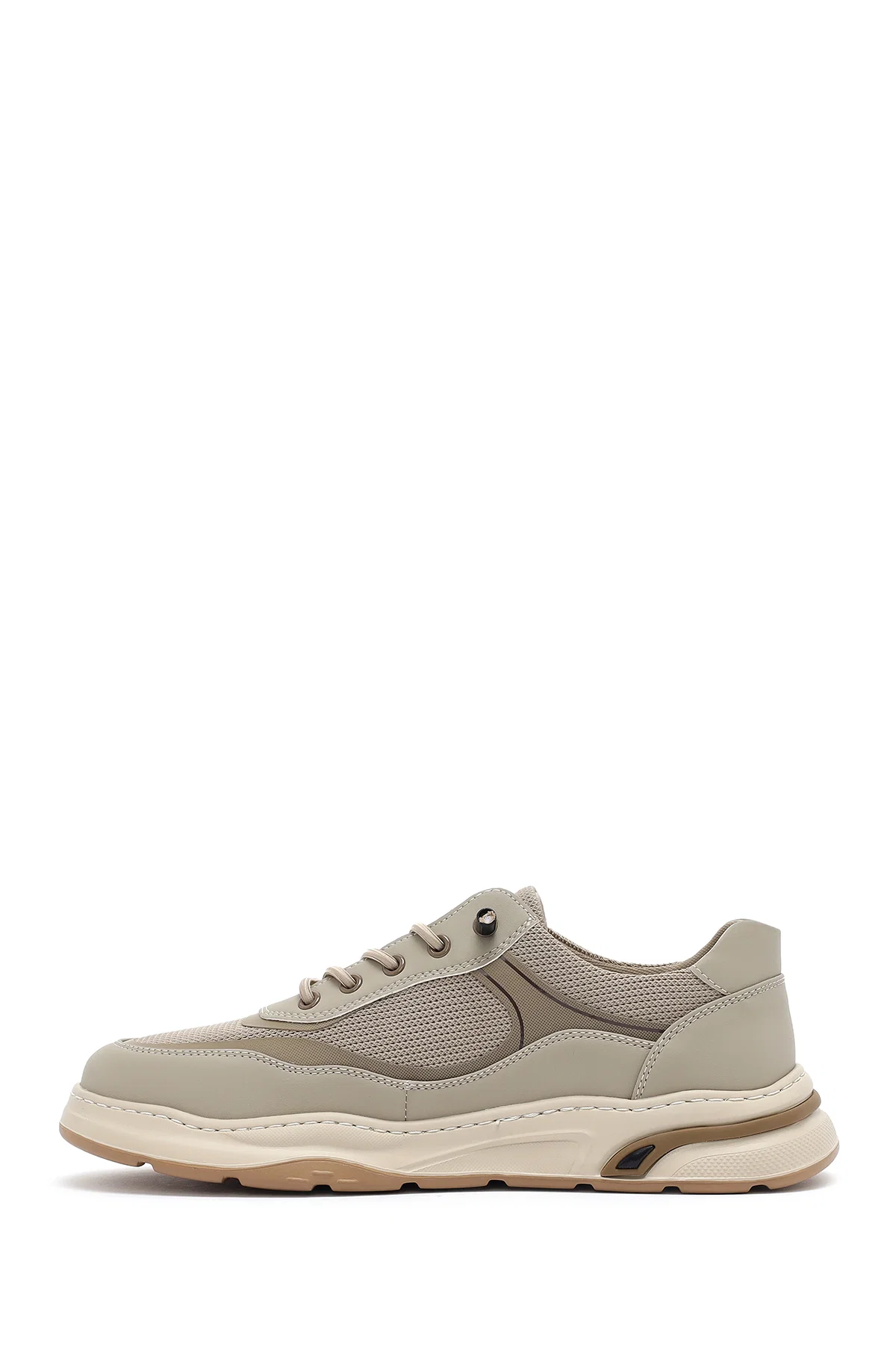 Erkek Bej Bağcıklı Deri Sneaker - Image 2