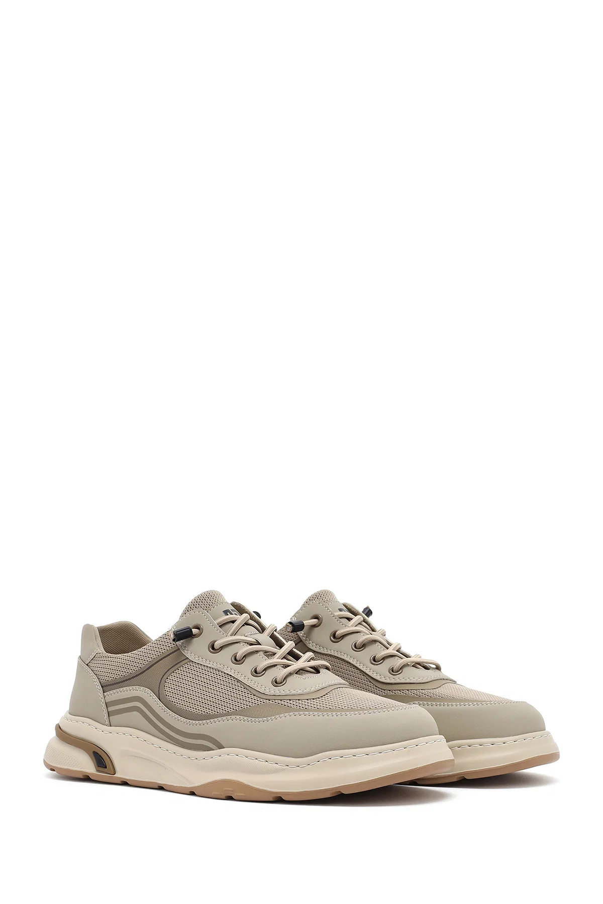 Erkek Bej Bağcıklı Deri Sneaker - Image 3