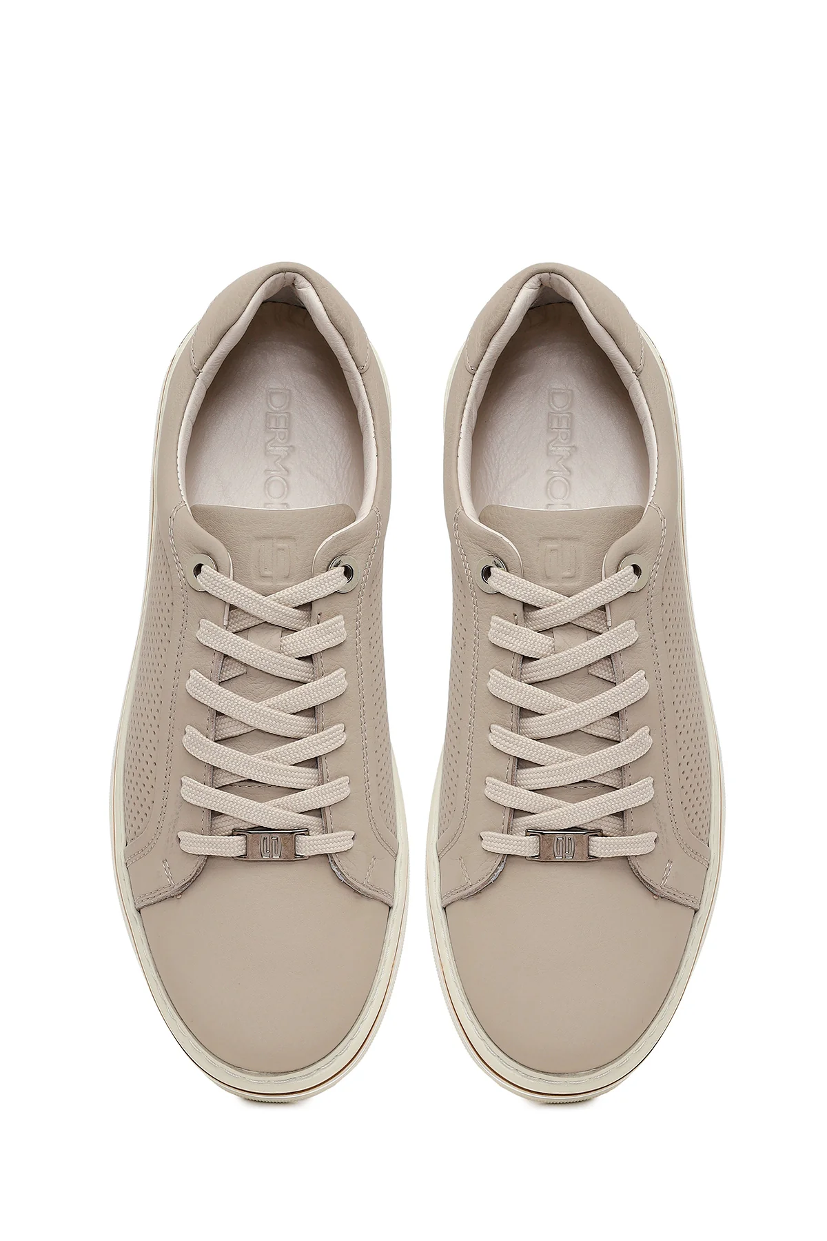 Erkek Bej Bağcıklı Deri Sneaker - Image 4
