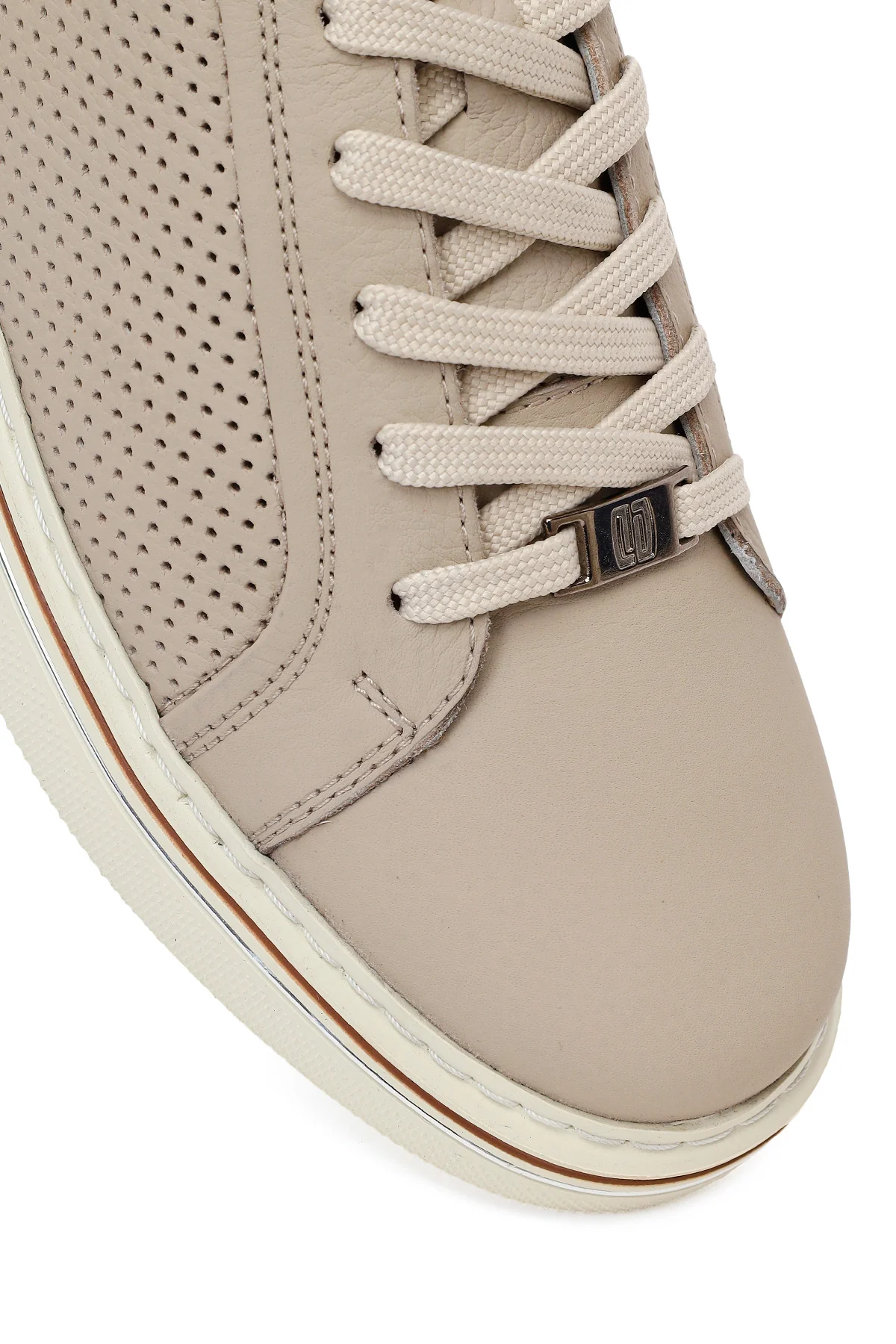 Erkek Bej Bağcıklı Deri Sneaker - Image 9