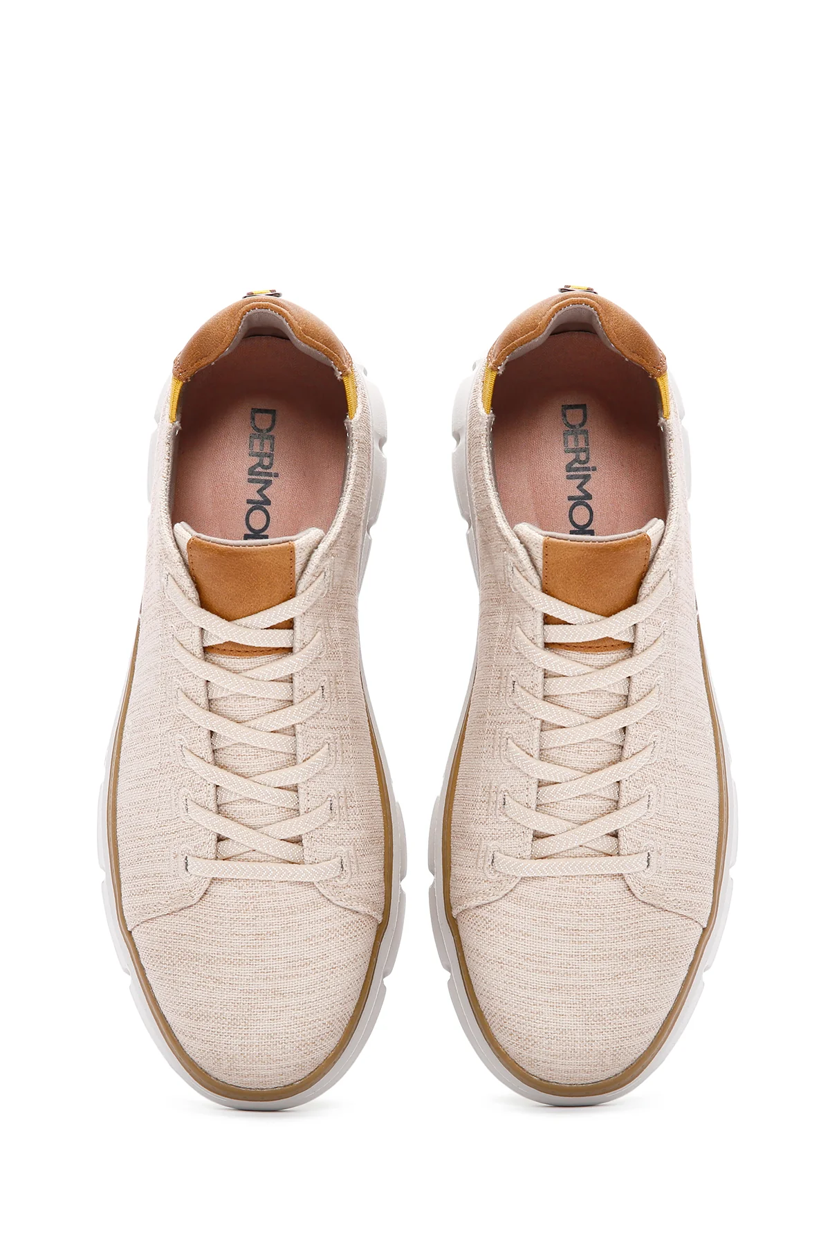 Erkek Bej Bağcıklı Kalın Tabanlı Kumaş Sneaker - Image 7
