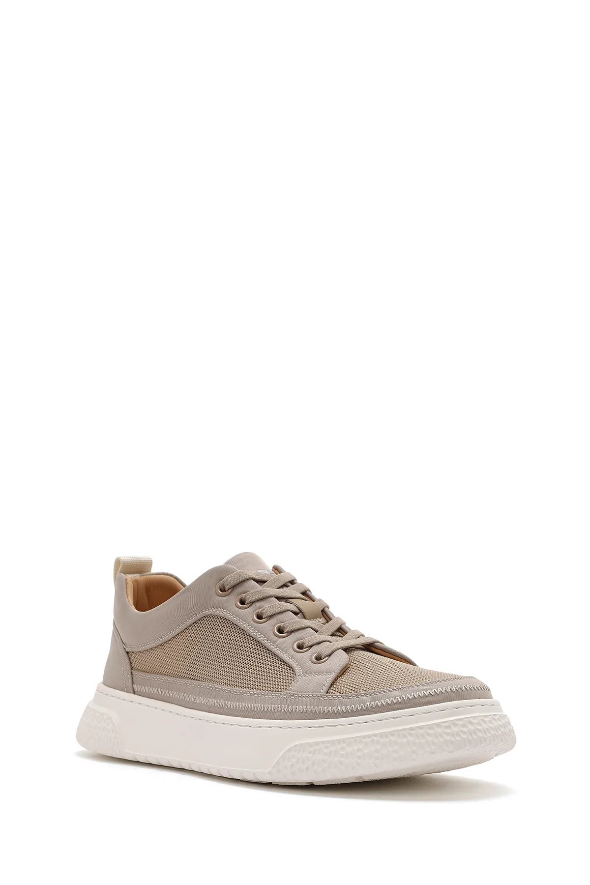 Erkek Bej Bağcıklı Kalın Tabanlı Kumaş Sneaker - Image 7