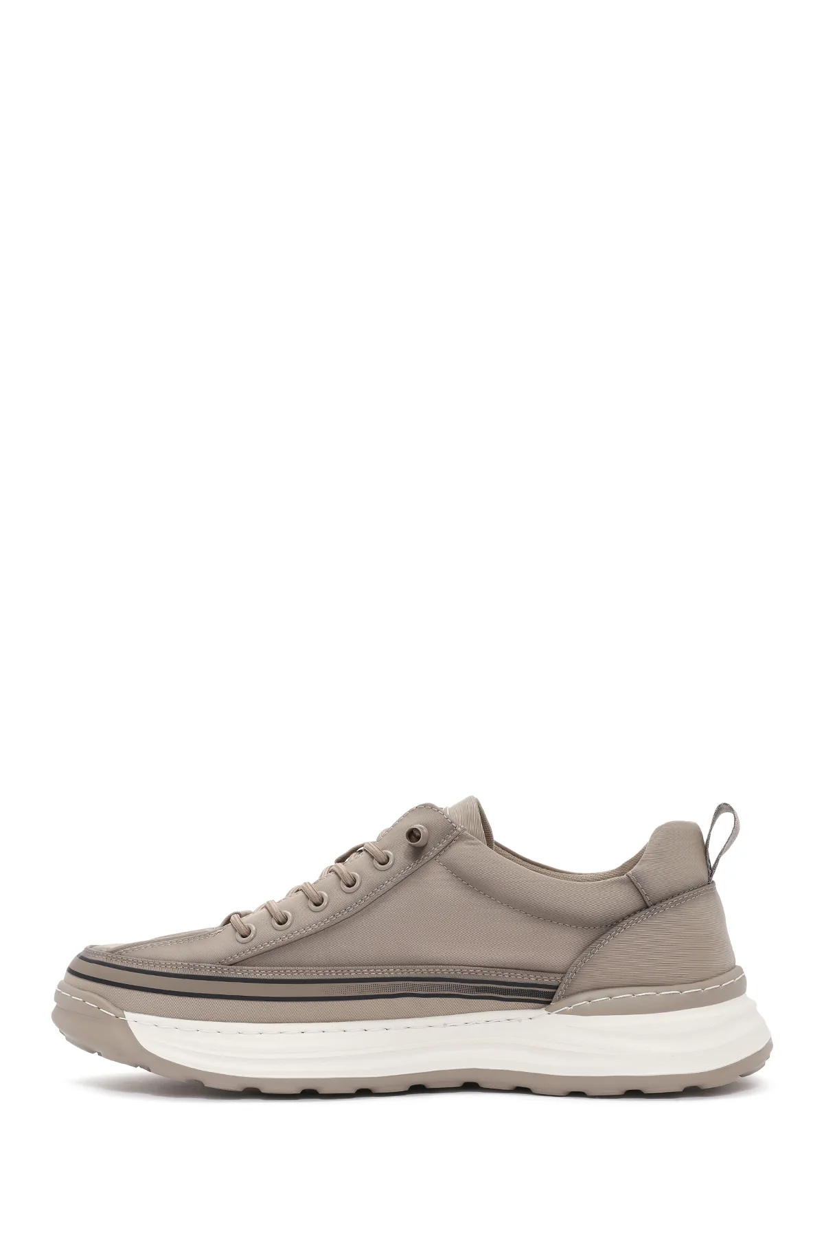 Erkek Bej Bağcıklı Kalın Tabanlı Kumaş Sneaker - Image 3
