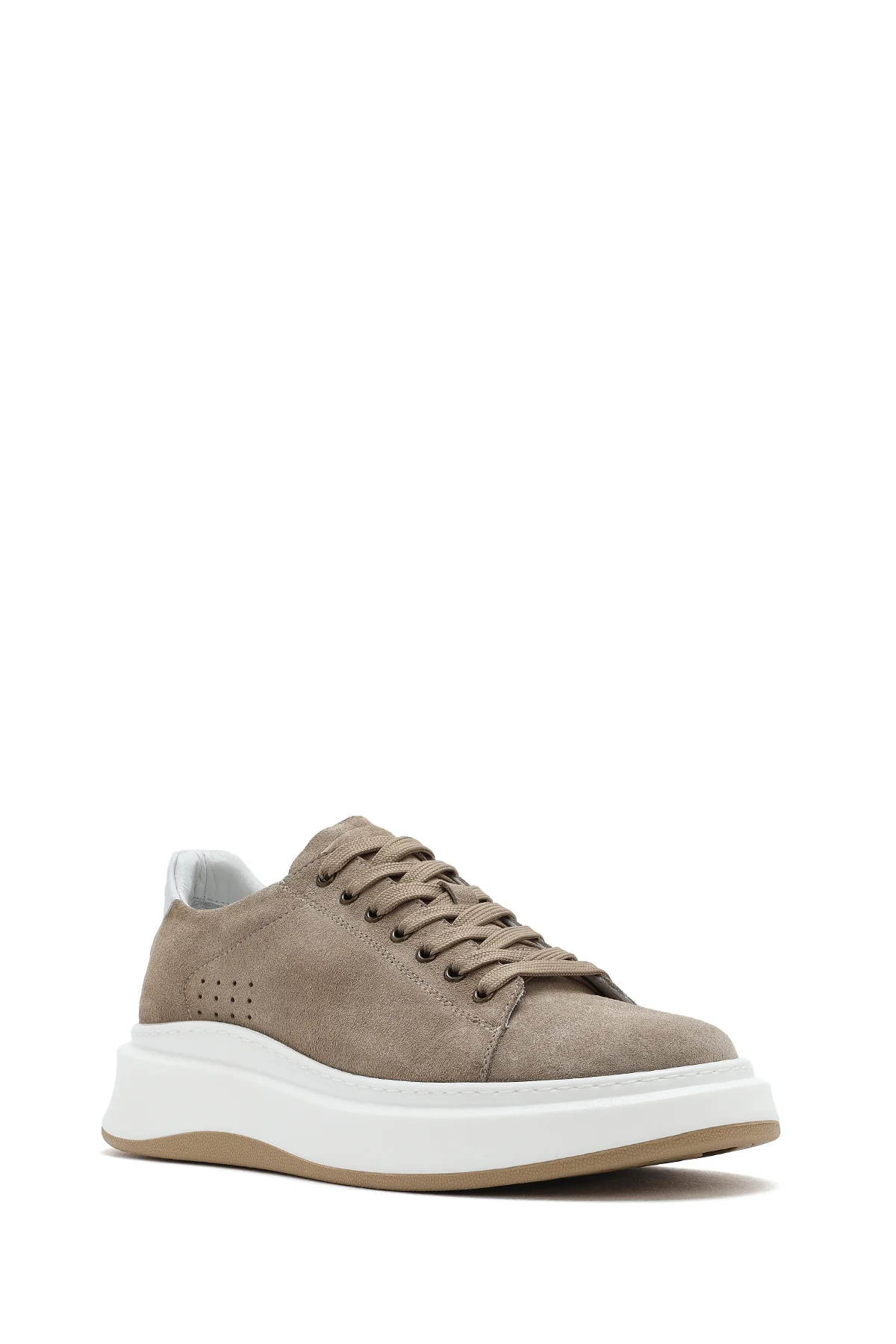 Erkek Bej Bağcıklı Kalın Tabanlı Nubuk Deri Sneaker - Image 7