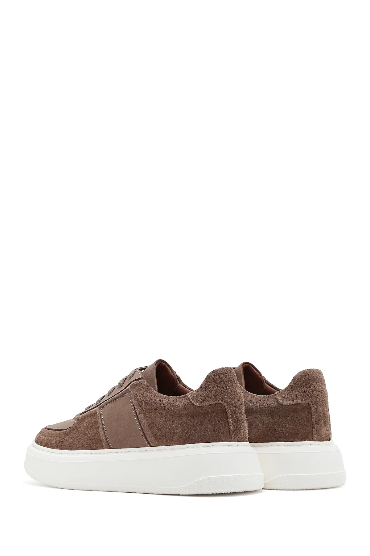 Erkek Bej Bağcıklı Kalın Tabanlı Süet Deri Sneaker - Image 5