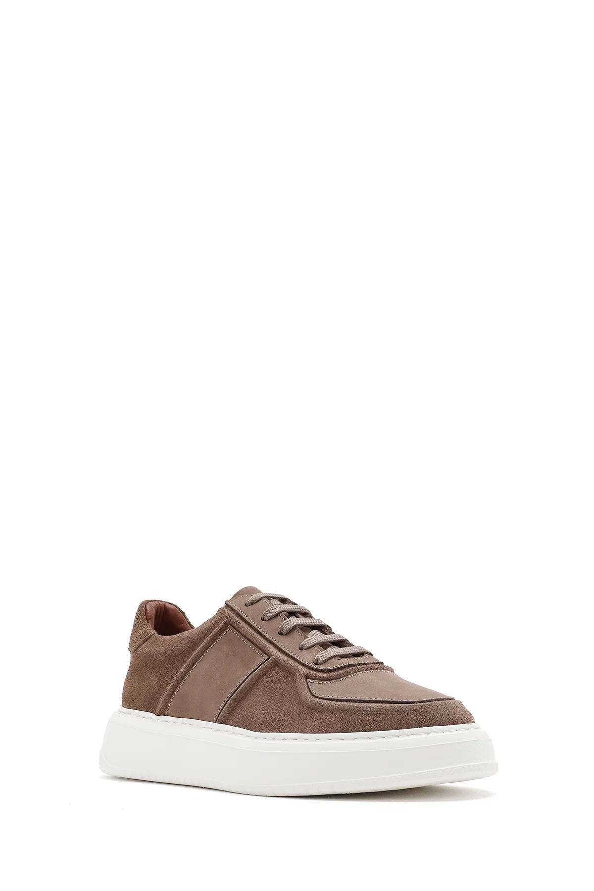Erkek Bej Bağcıklı Kalın Tabanlı Süet Deri Sneaker - Image 6