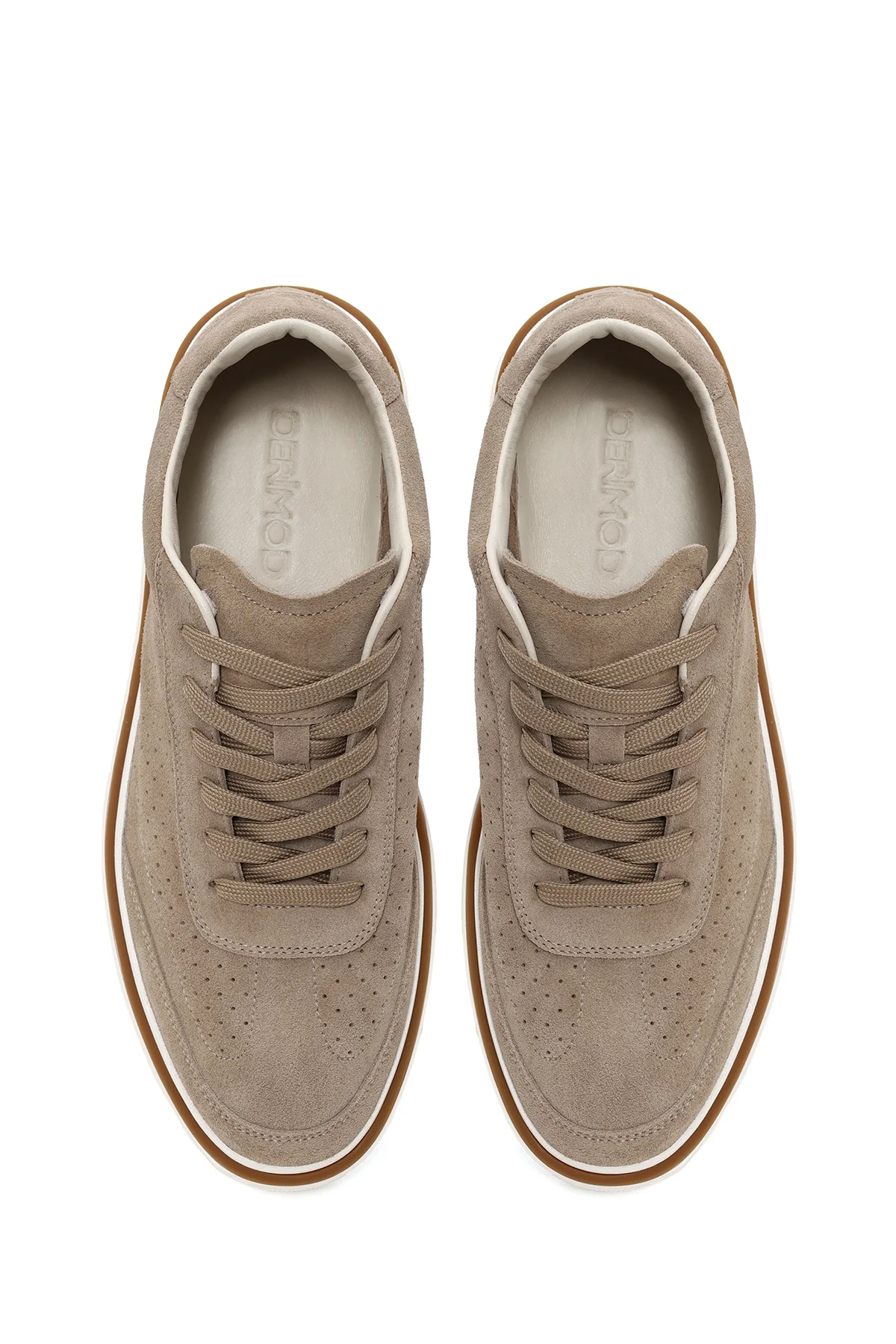 Erkek Bej Bağcıklı Kalın Tabanlı Süet Deri Sneaker - Image 4