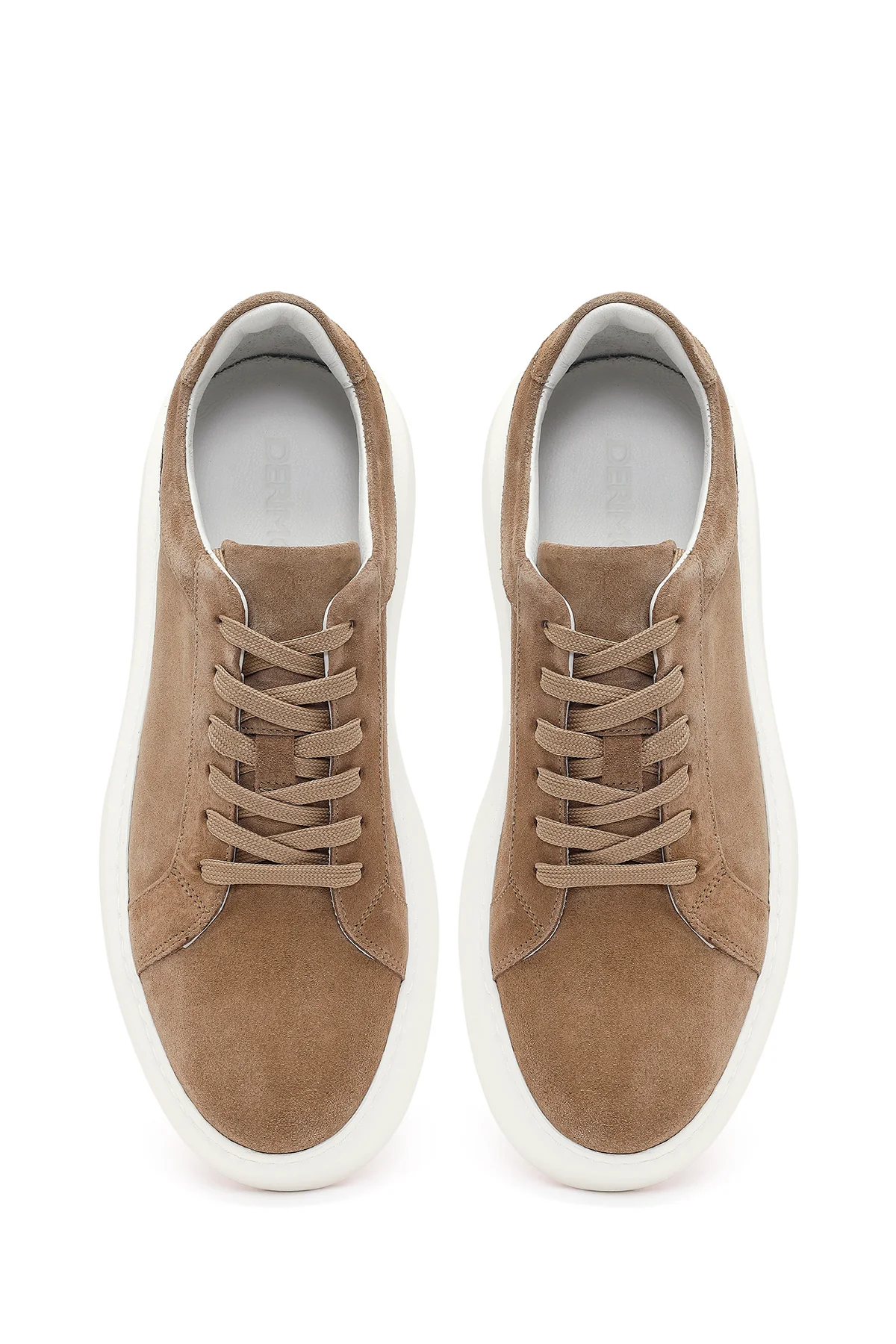 Erkek Bej Bağcıklı Kalın Tabanlı Süet Deri Sneaker - Image 4