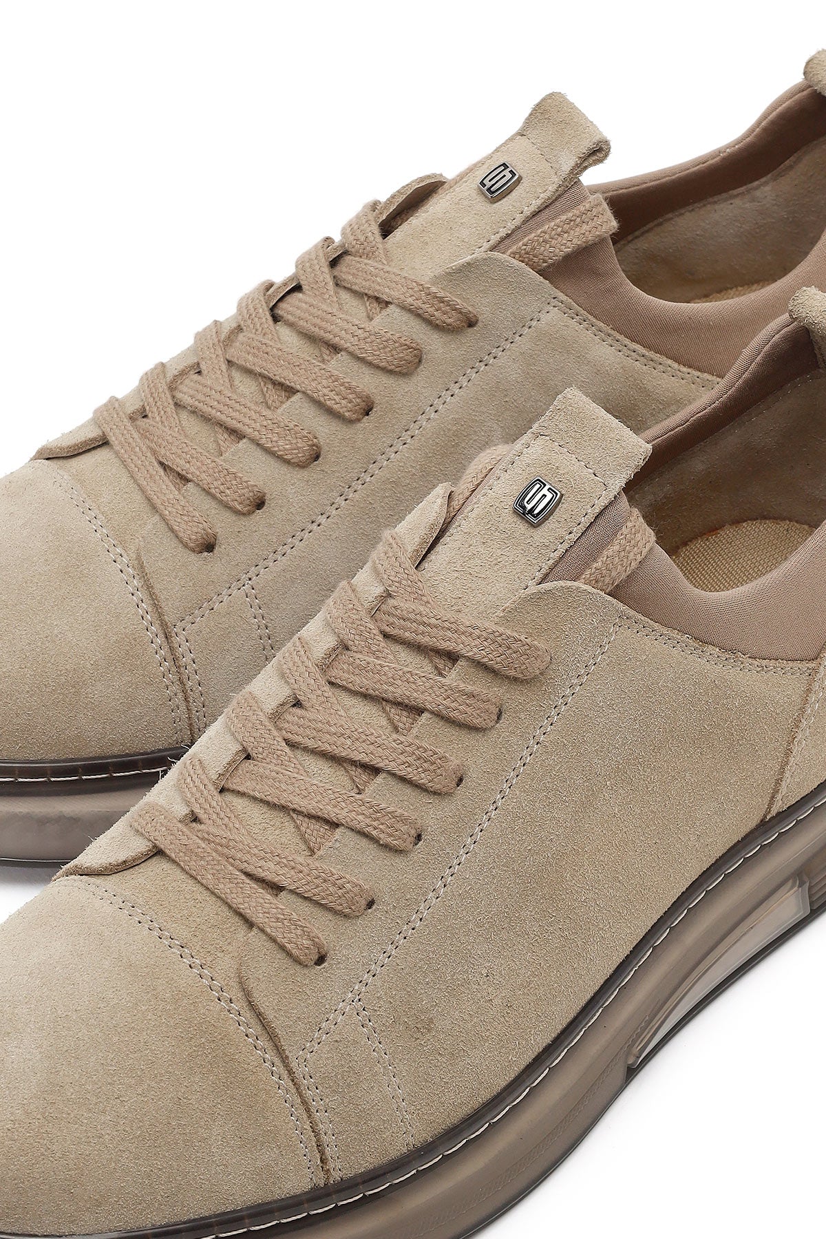 Erkek Bej Bağcıklı Kalın Tabanlı Süet Deri Sneaker - Image 10