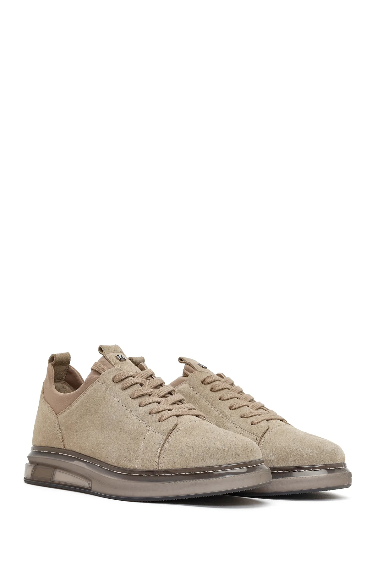 Erkek Bej Bağcıklı Kalın Tabanlı Süet Deri Sneaker - Image 2