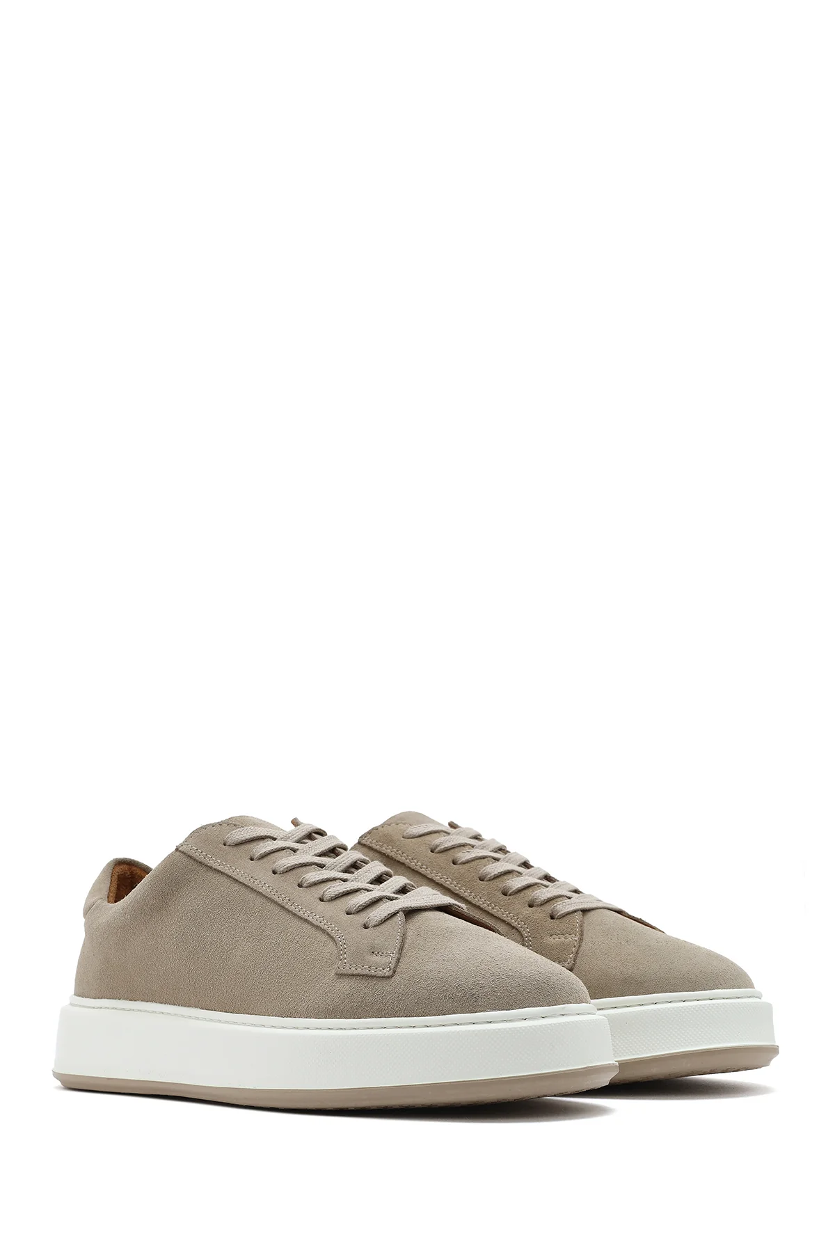 Erkek Bej Bağcıklı Kalın Tabanlı Süet Deri Sneaker - Image 2
