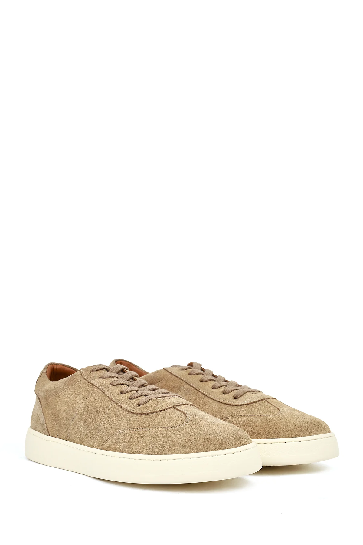 Erkek Bej Bağcıklı Kalın Tabanlı Süet Deri Sneaker - Image 2