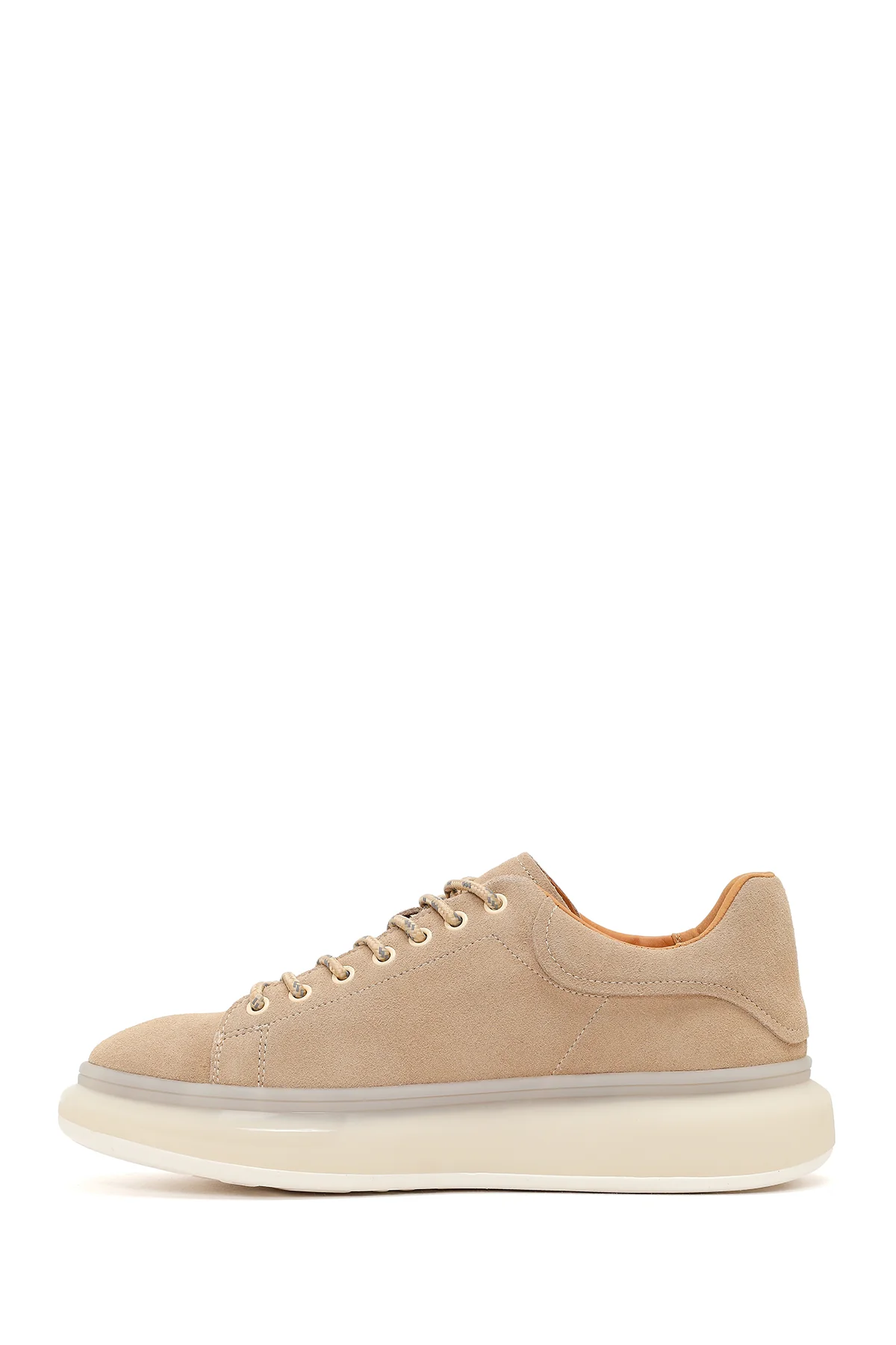 Erkek Bej Bağcıklı Kalın Tabanlı Süet Deri Sneaker - Image 3