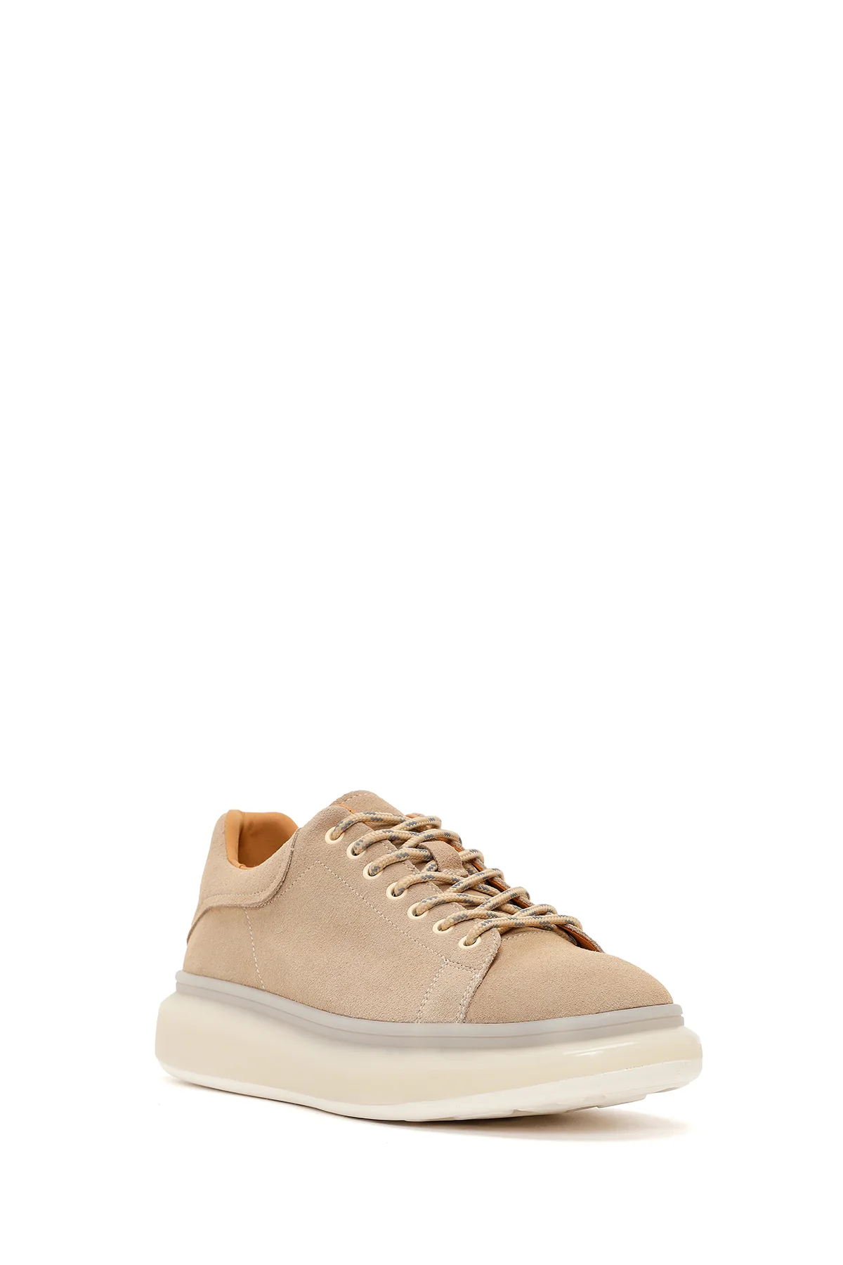 Erkek Bej Bağcıklı Kalın Tabanlı Süet Deri Sneaker - Image 7