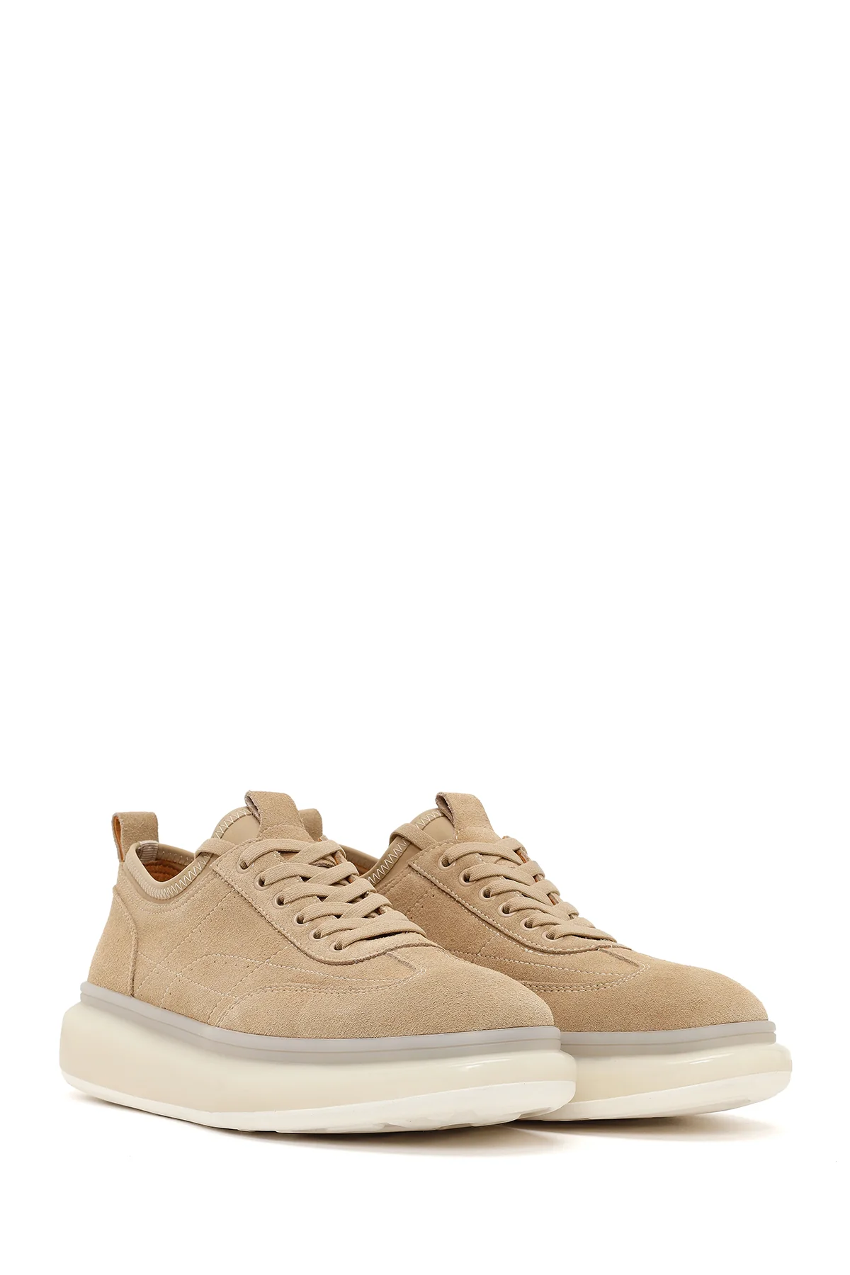 Erkek Bej Bağcıklı Kalın Tabanlı Süet Deri Sneaker - Image 2